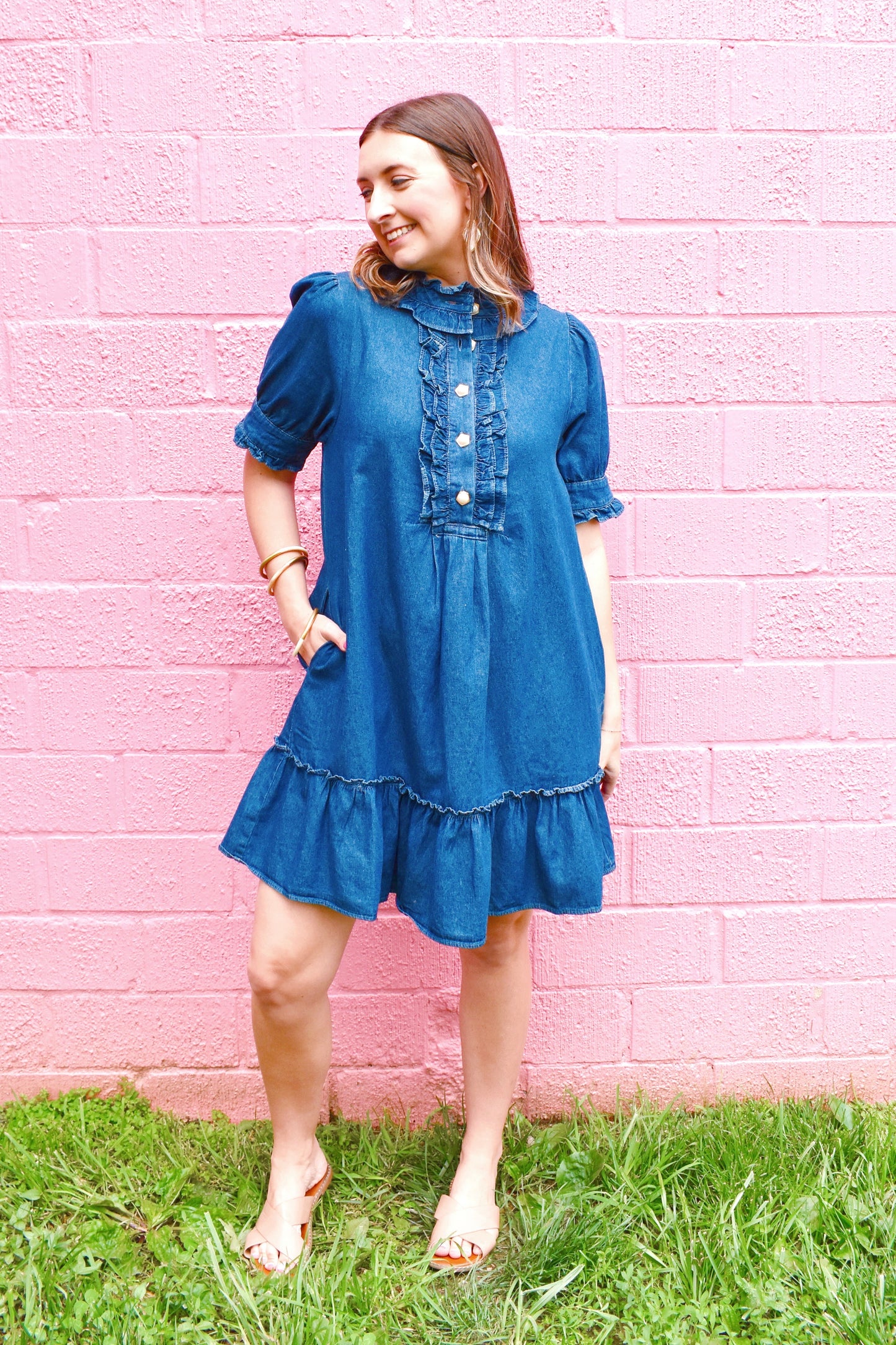 Denim Ruffle Collar Pearl Button Dress