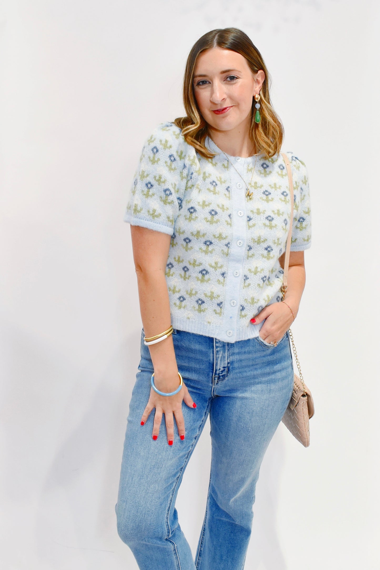 Blue Green Floral Short Sleeve Cardigan