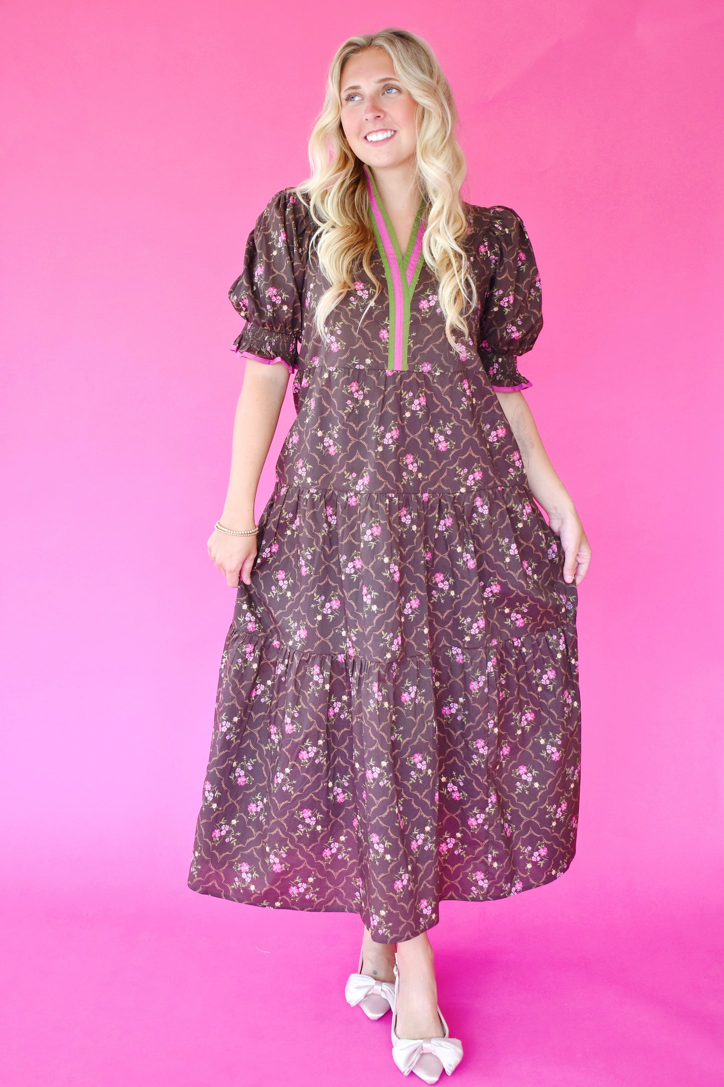 Chocolate Pink Green Floral Midi Dress