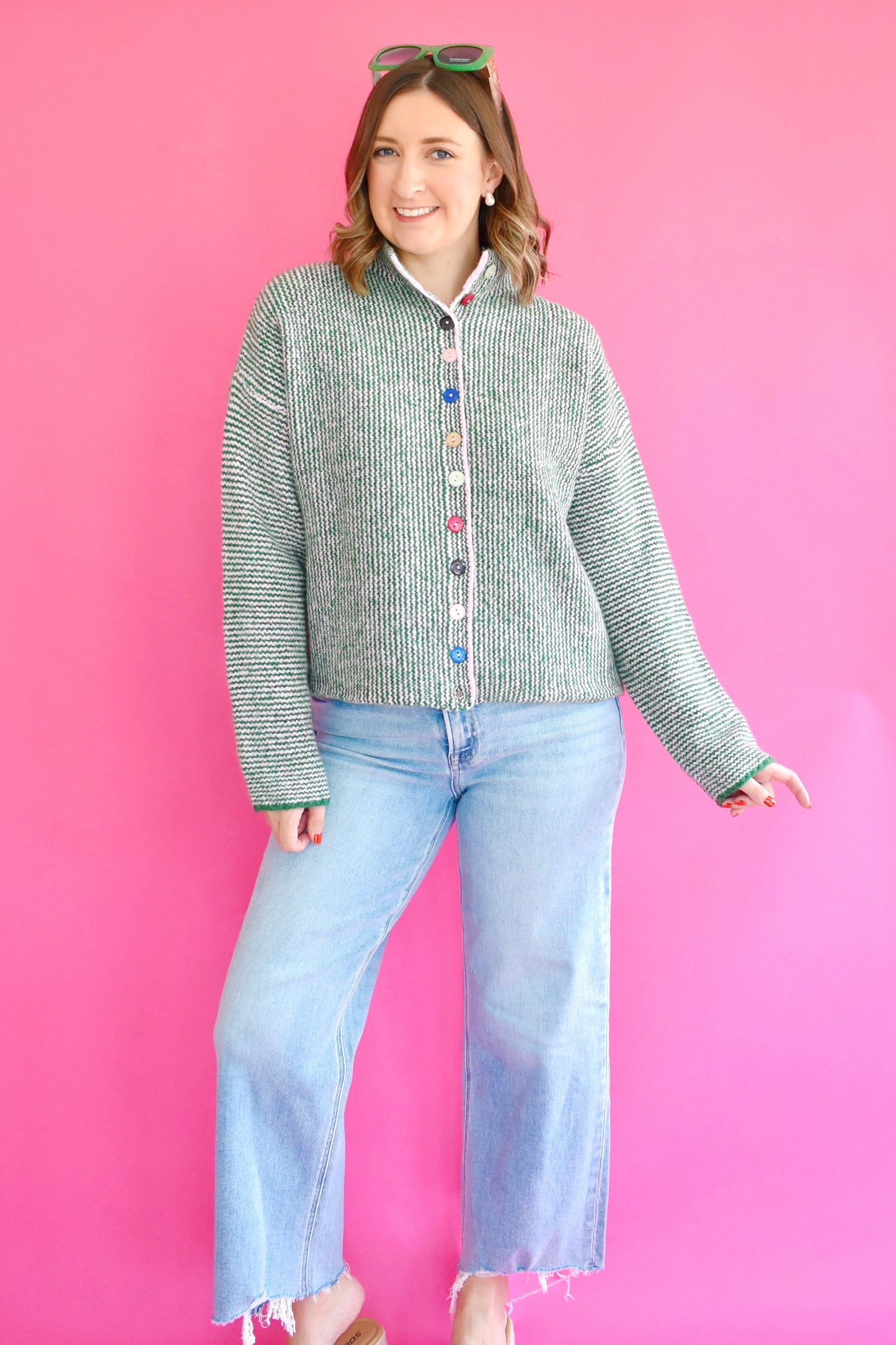 Green Pink Colorful Button Cardigan Sweater