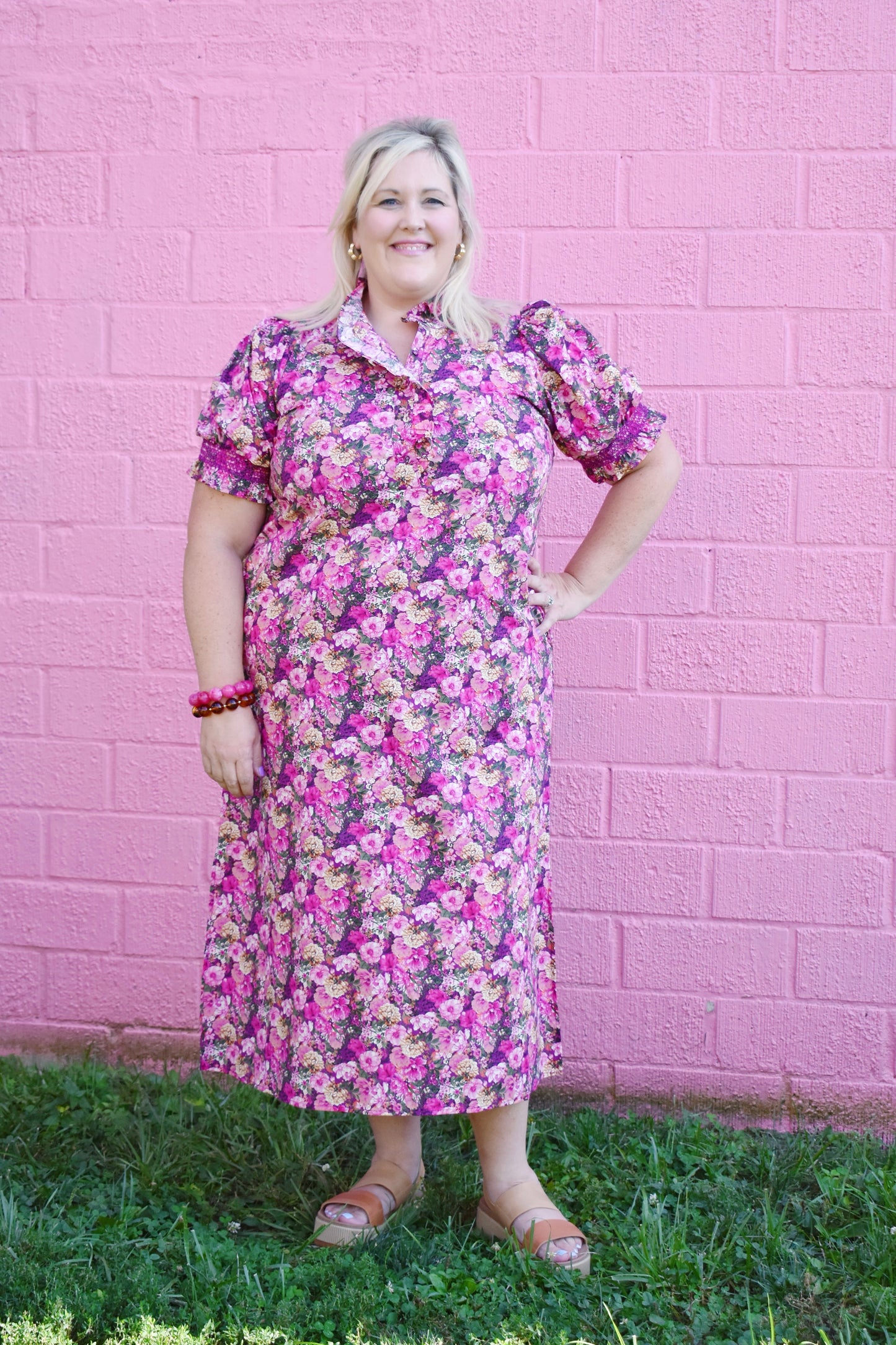 Plus Magenta Floral Ruffle Neck Puff Sleeve Midi Dress