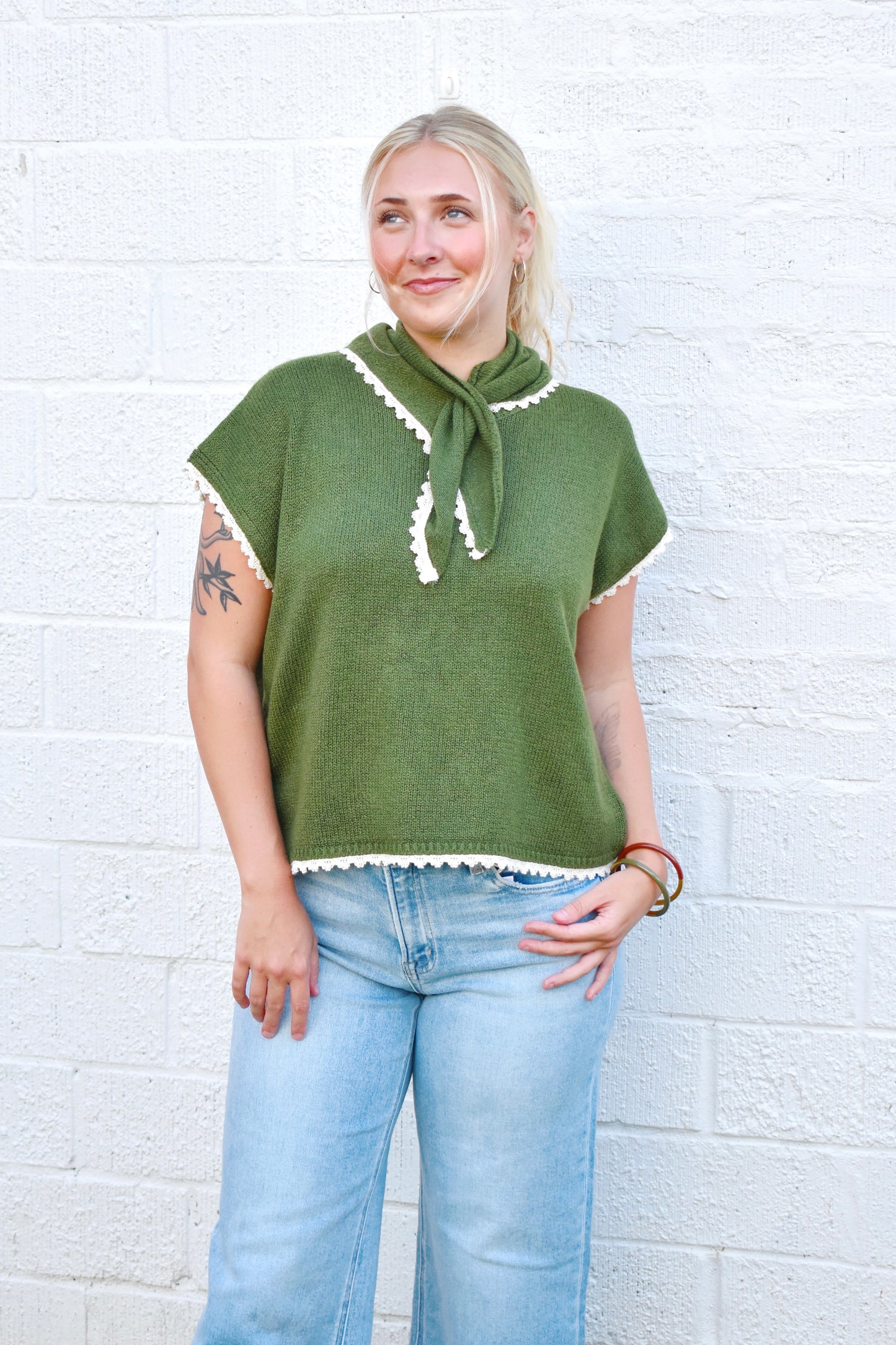 Olive Scarf Neck Short Sleeve Sweater