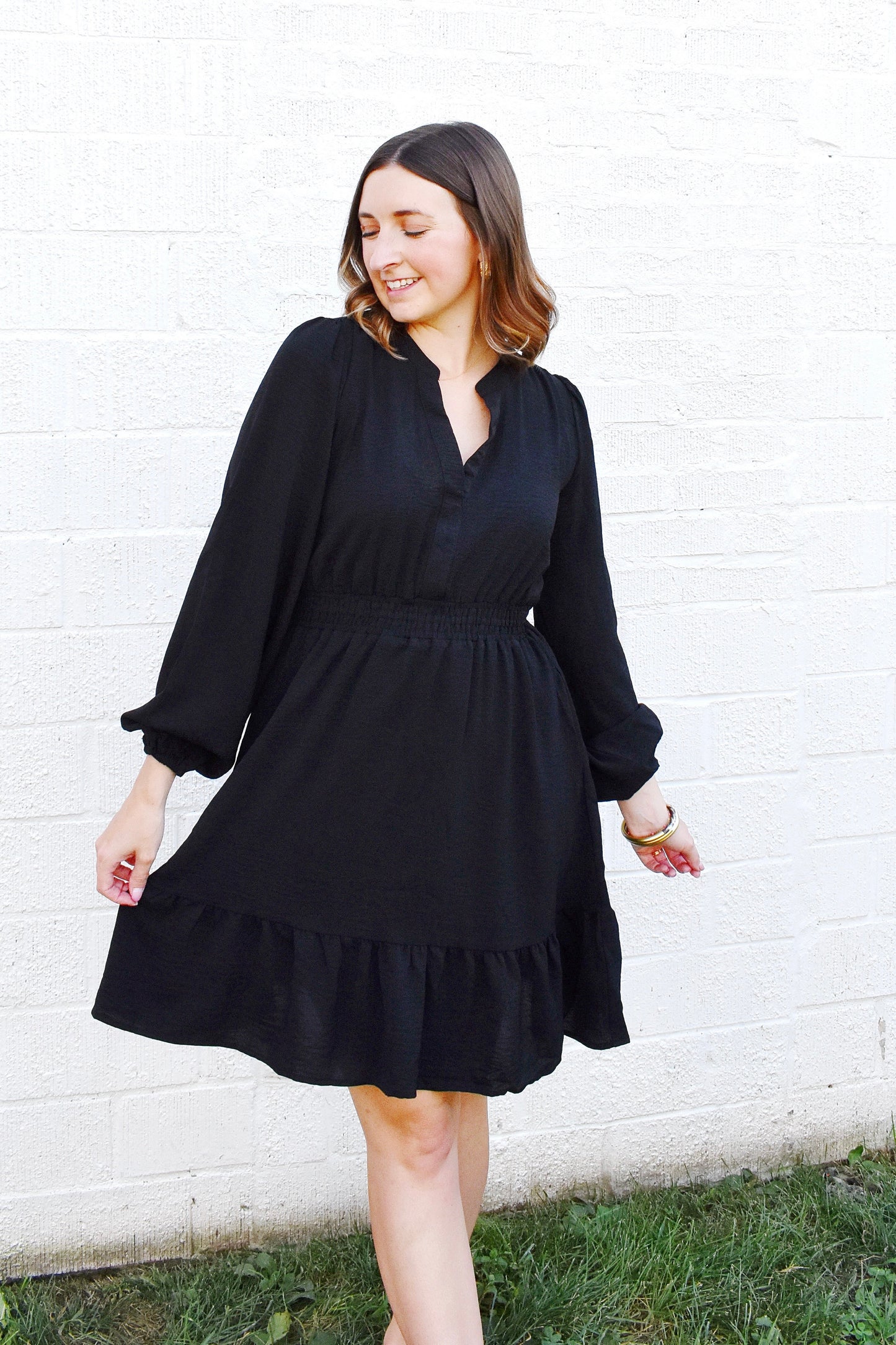 Black Smocked Waist Long Sleeve Dress