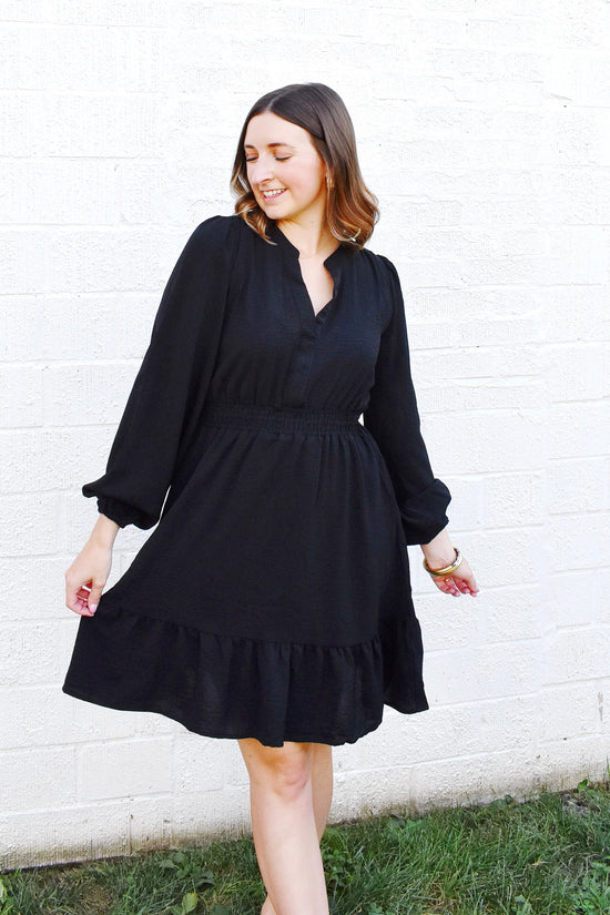 Black Smocked Waist Long Sleeve Dress