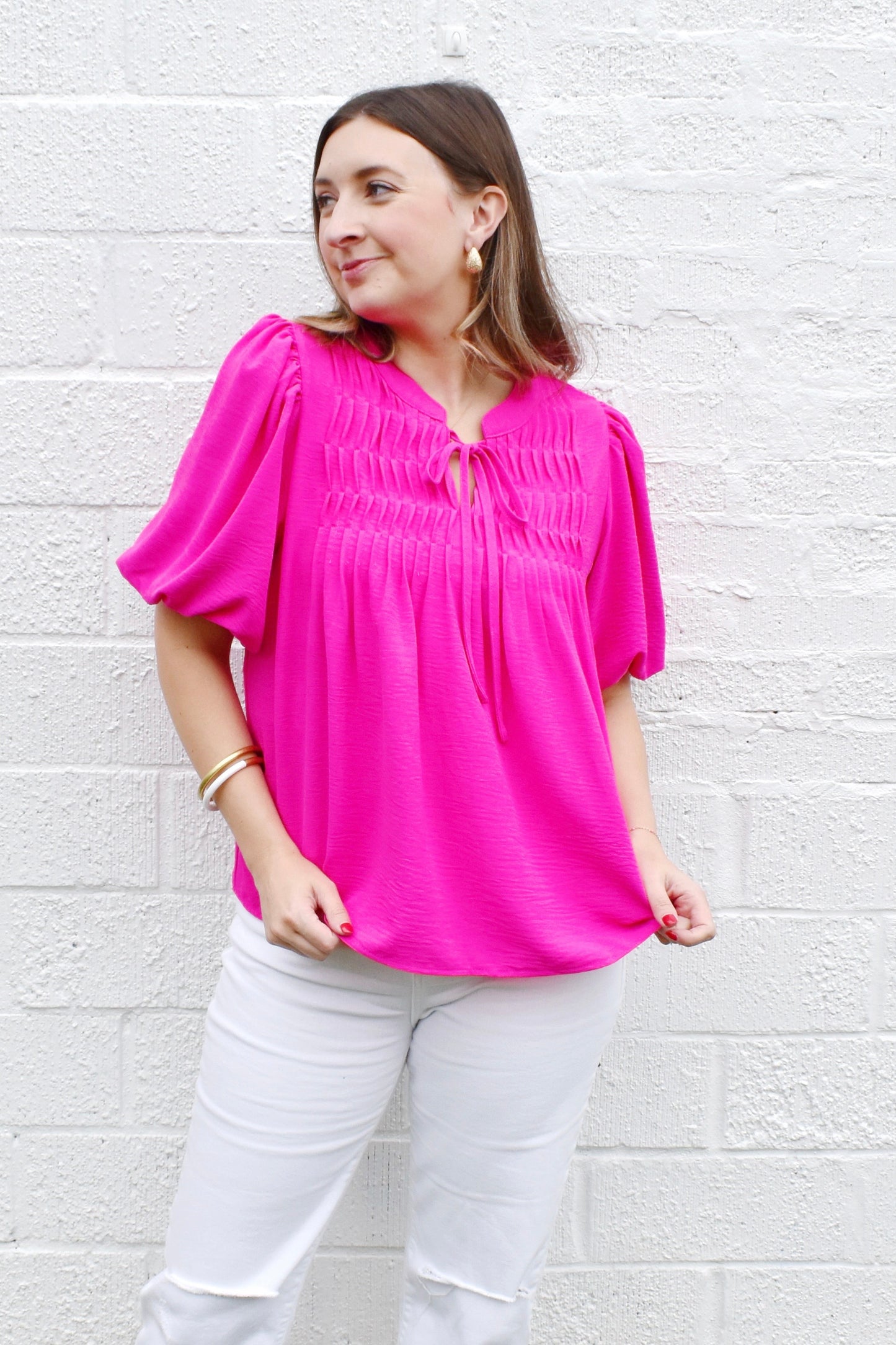 Hot Pink Pintuck Detail Tie Neck Blouse