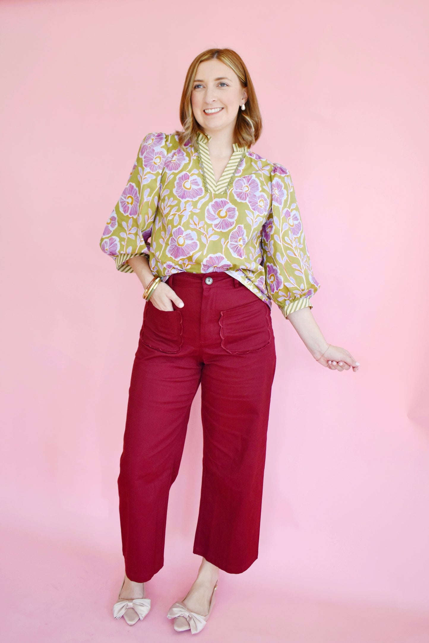 Olive Green & Lilac Floral Scallop Collar Blouse