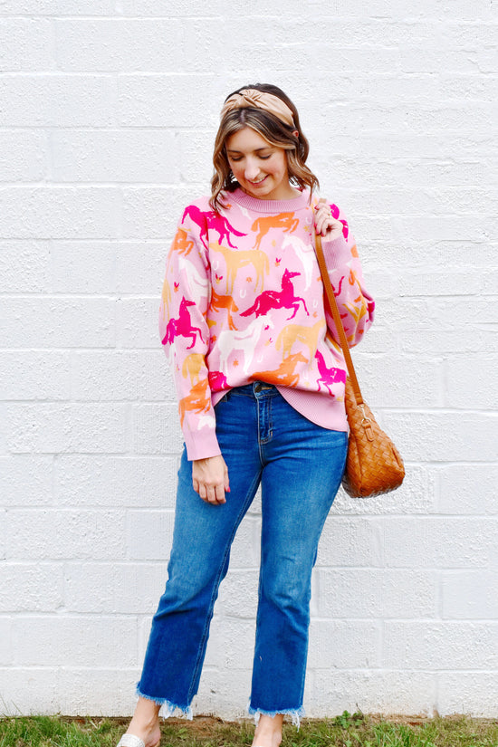 Pink Colorful Horse Printed Sweater