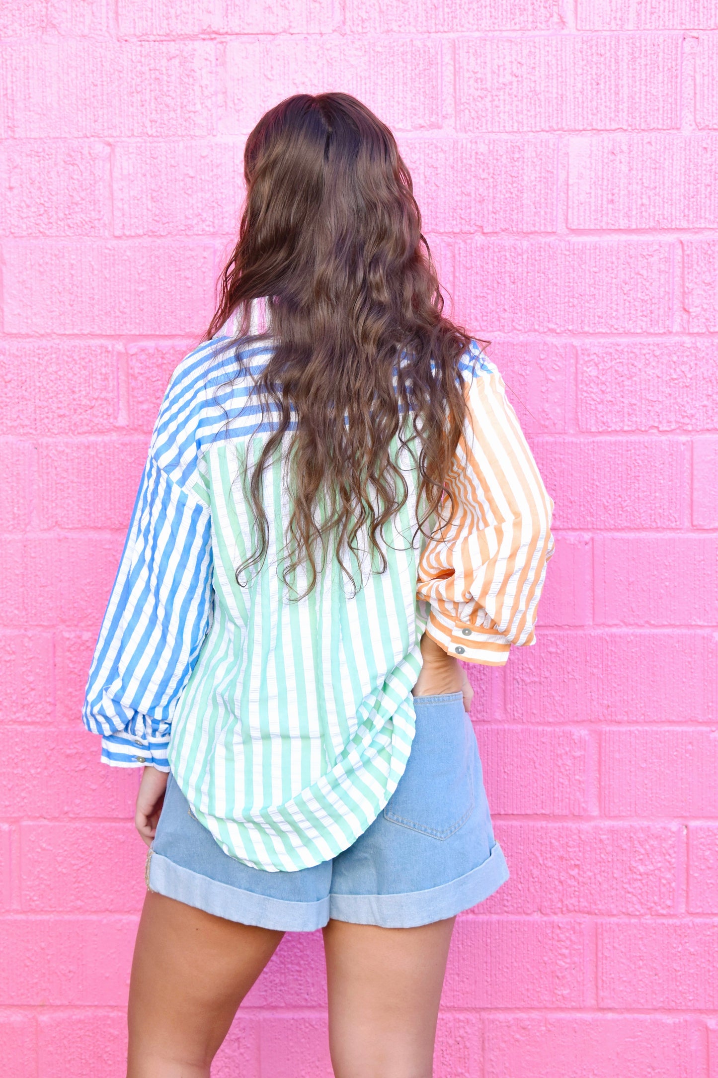 Color Block Seersucker Stripe Button Down Top