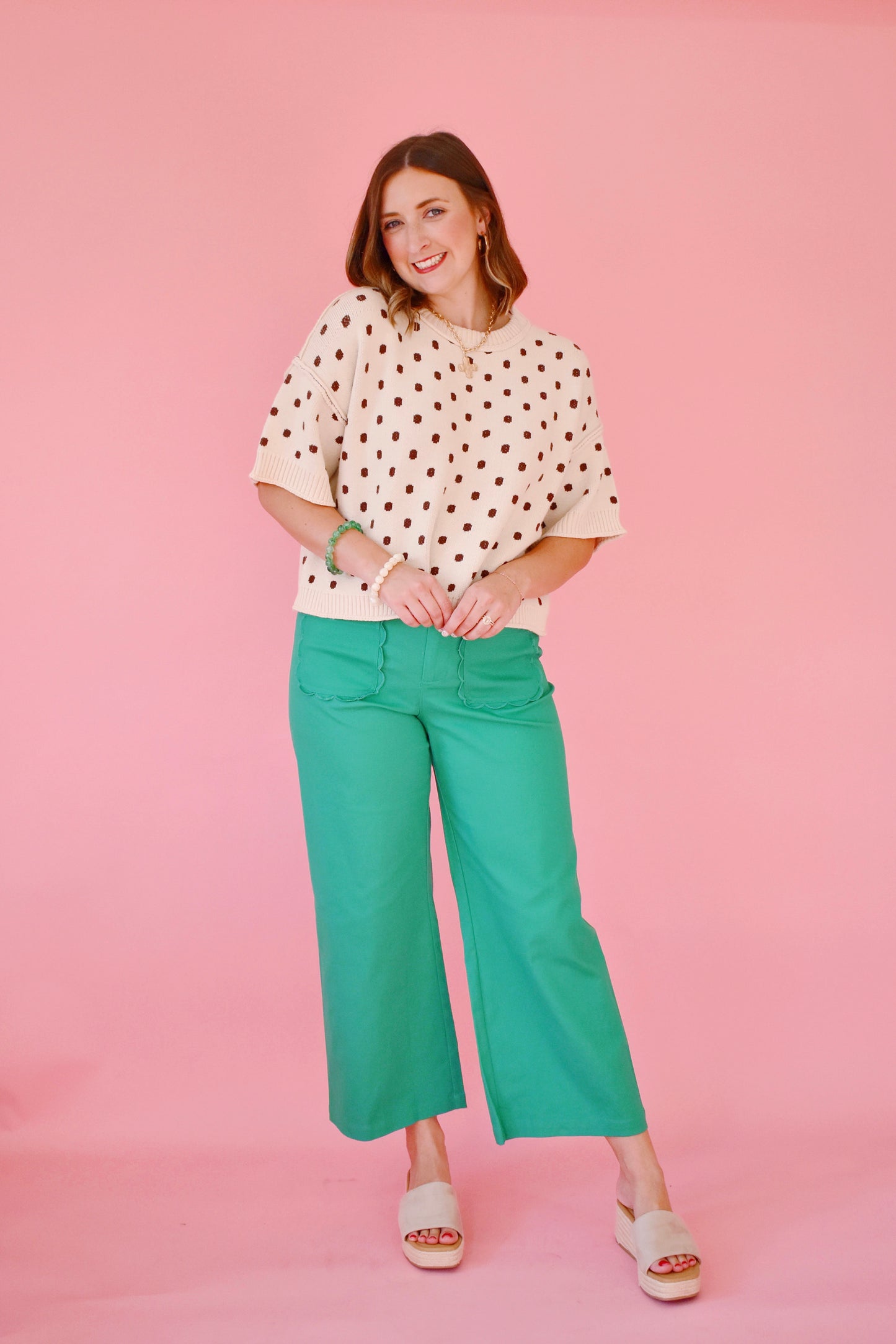 Ecru Mocha Polka Dot Sweater Top