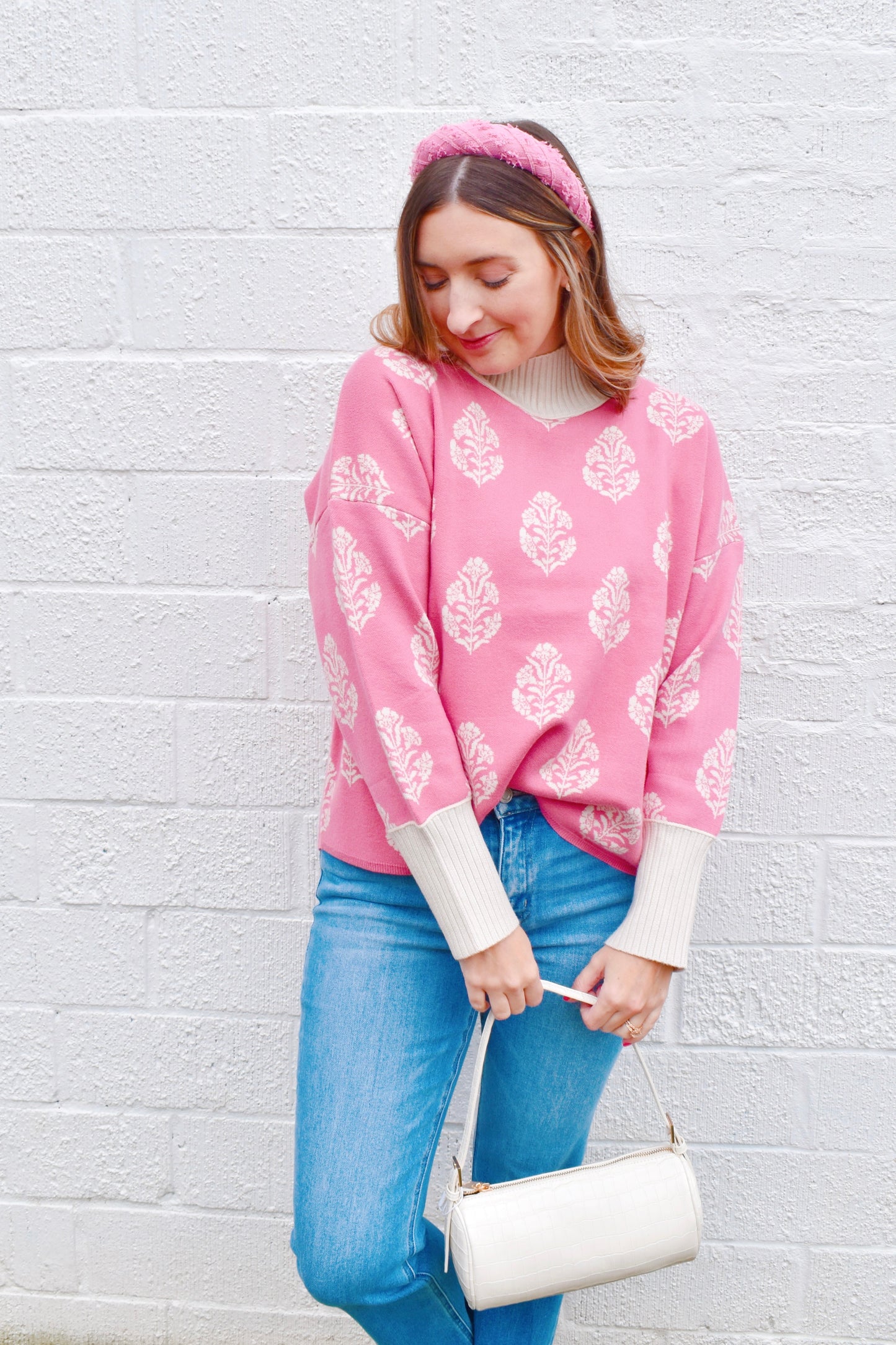 Pink Botanical Printed Mock Neck Sweater