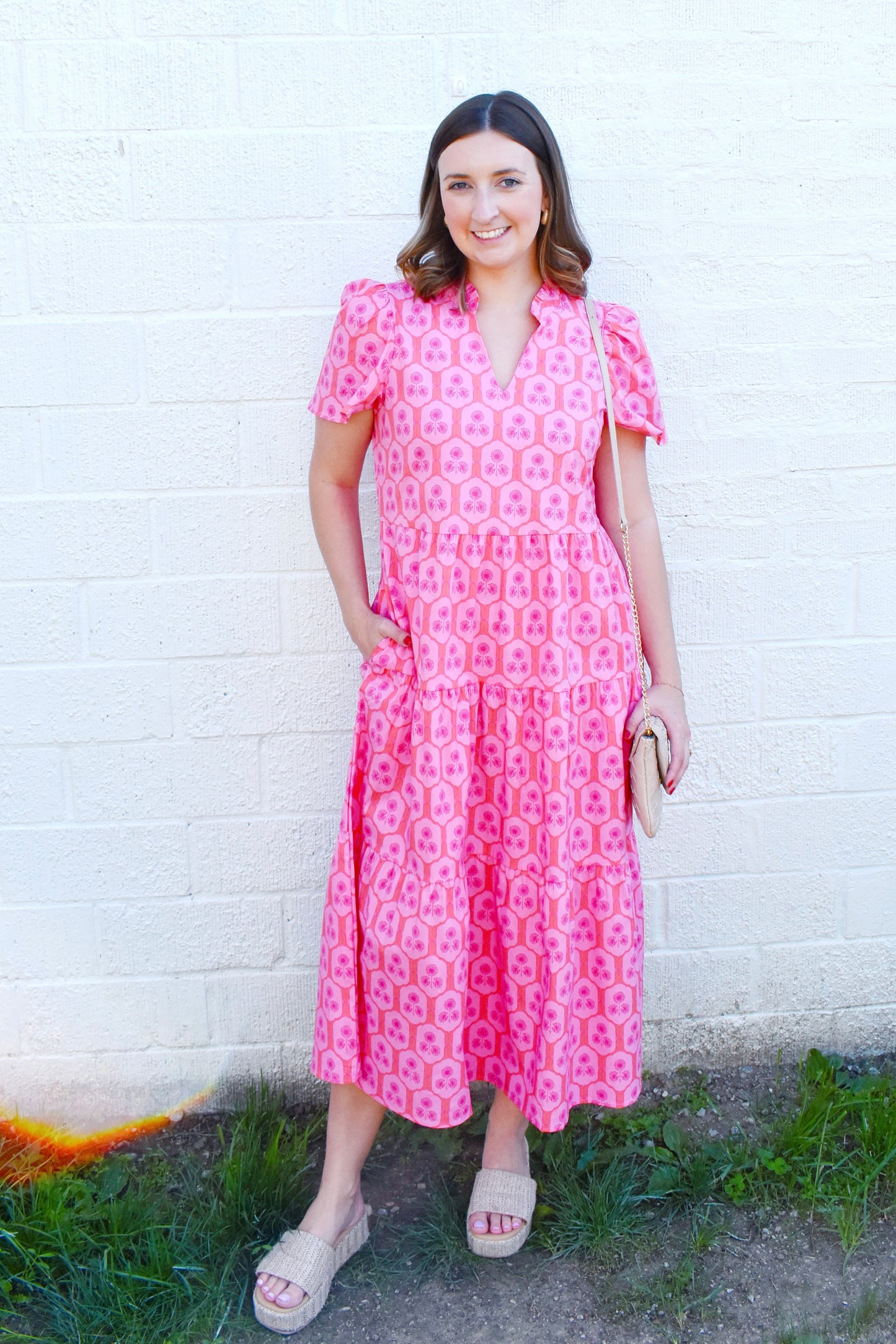 Mary Square Ivy Dress Rosette Charm Pink