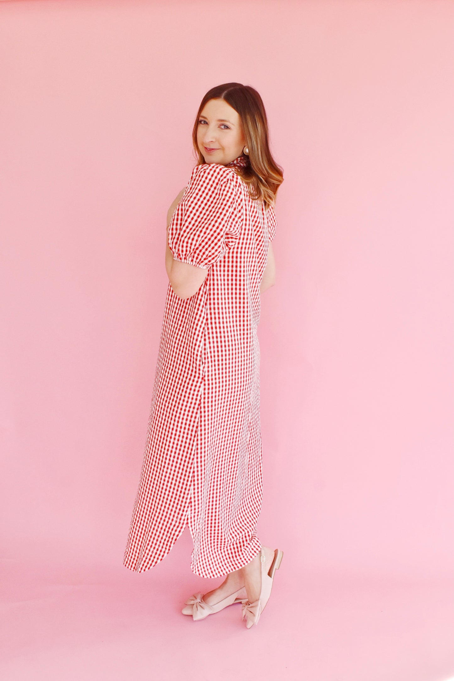 Red Gingham Button Down Midi Dress