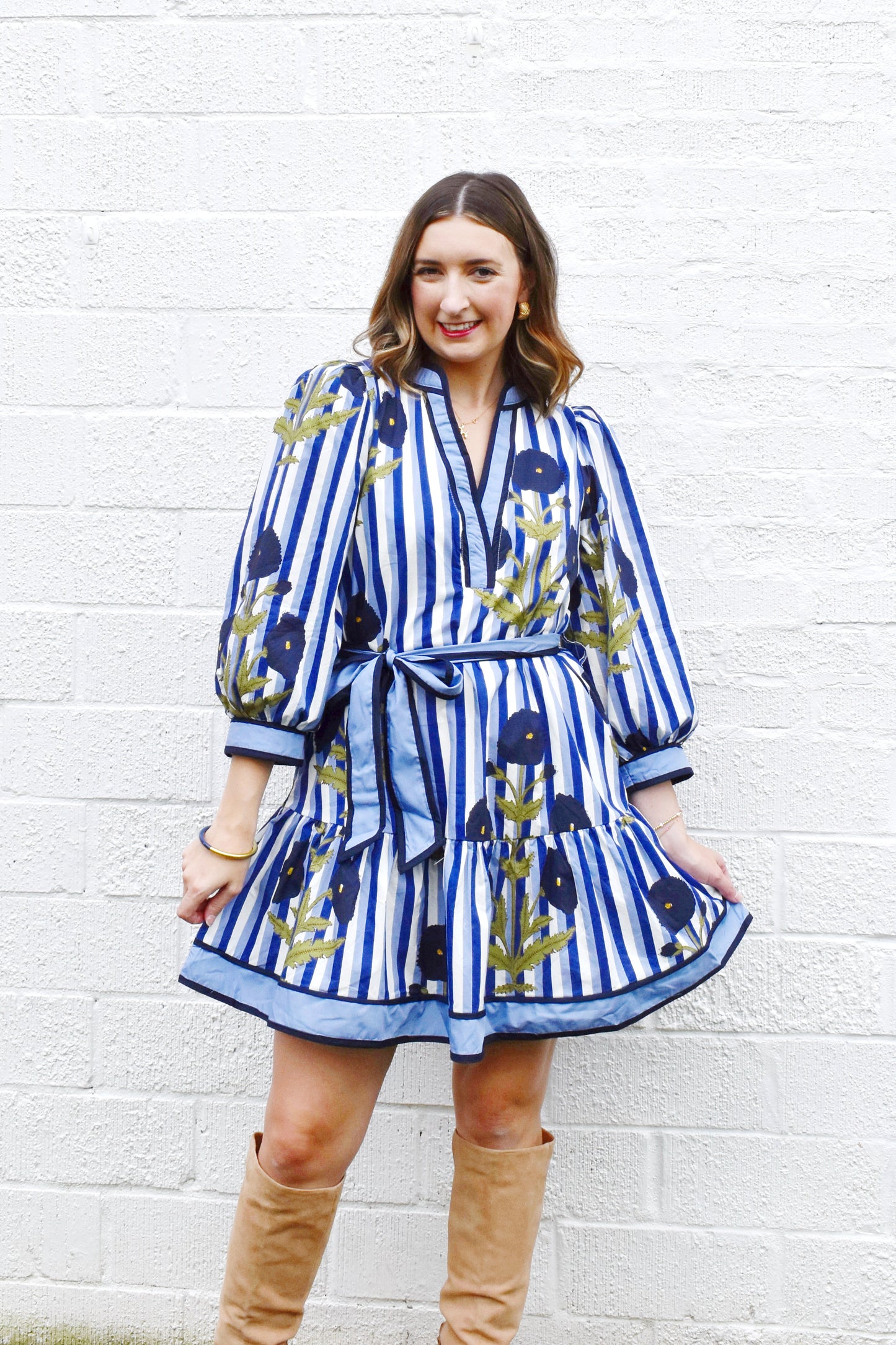 Navy Striped Floral Tie Waist Dress