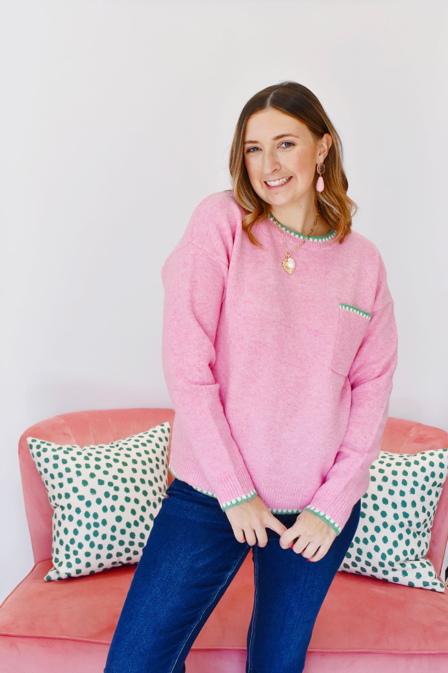 Pink Green Blanket Stitch Sweater