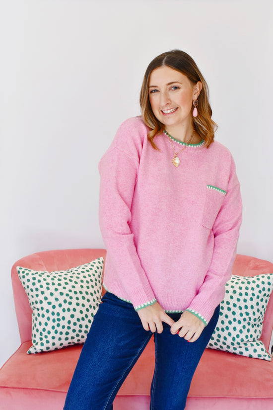 Pink Green Blanket Stitch Sweater