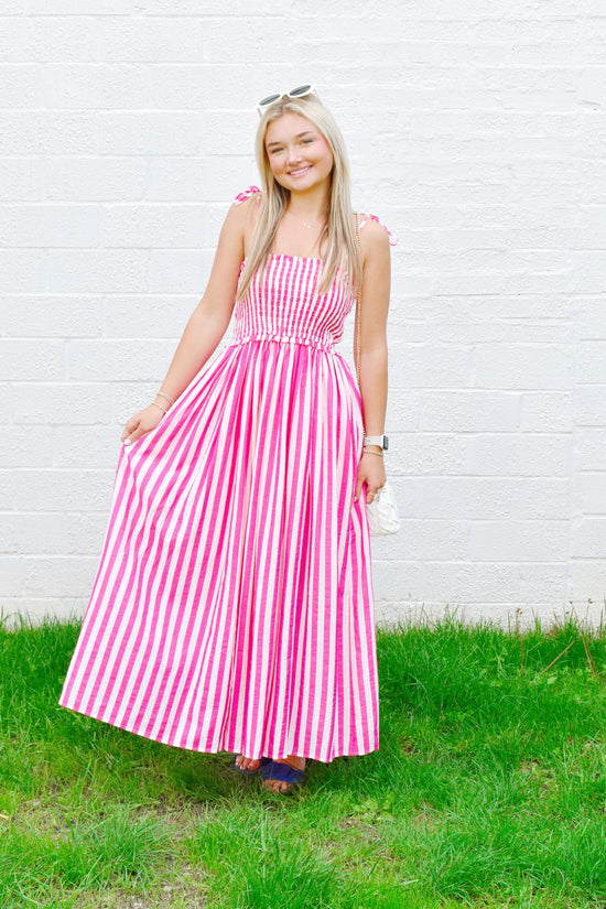 Hot Pink Striped Smocked Midi Dress