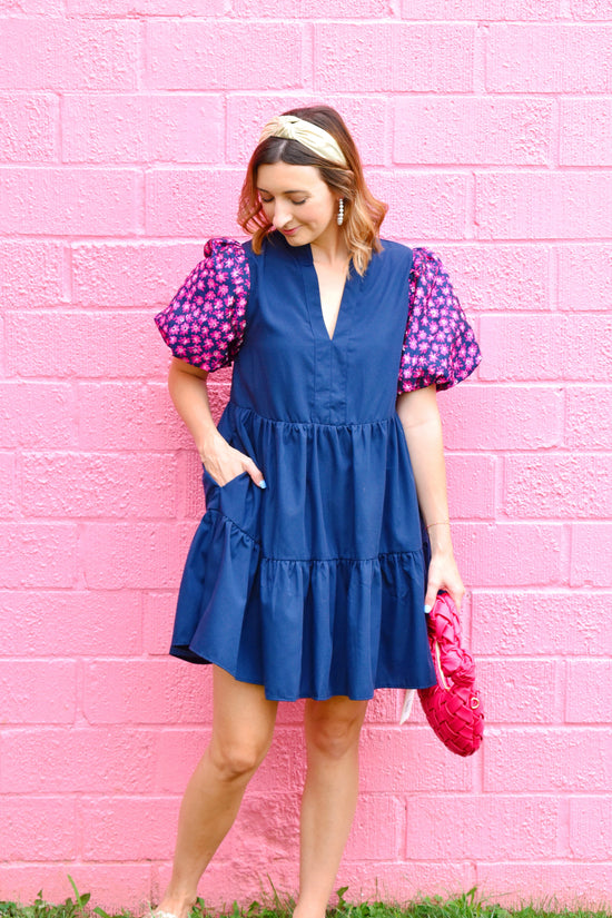 Navy Fuchsia Jacquard Sleeve Dress