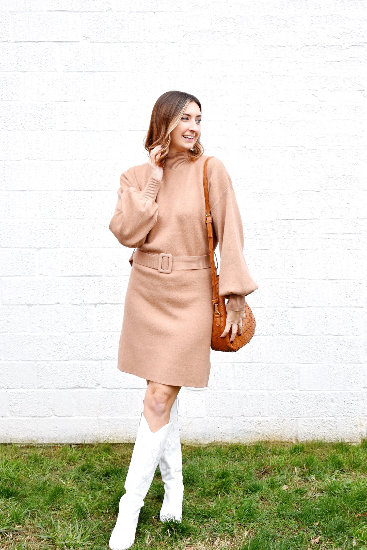 Taupe Belted Sweater Dress