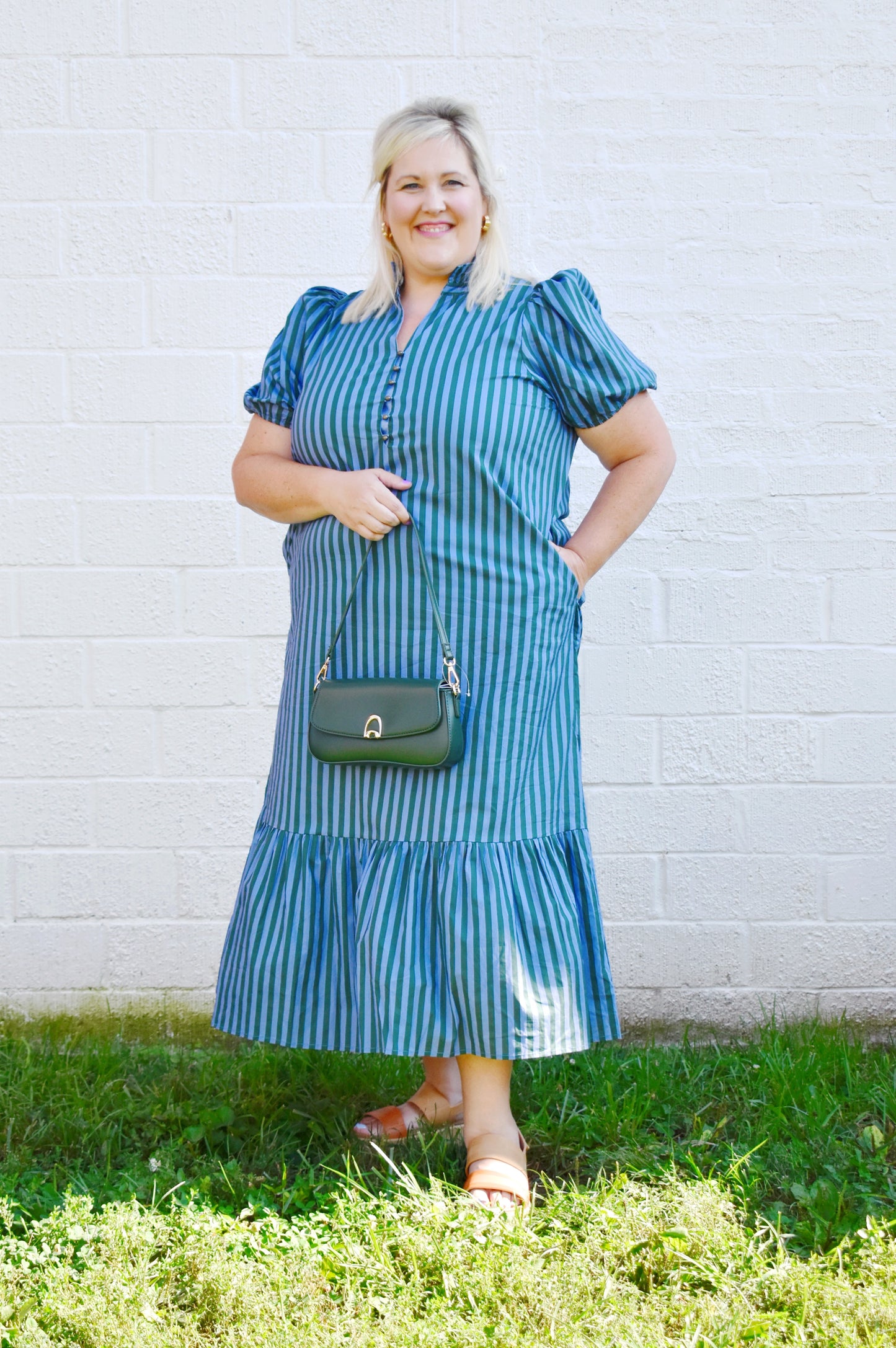 Plus Hunter & Light Blue Stripe Ruffle Hem Midi Dress