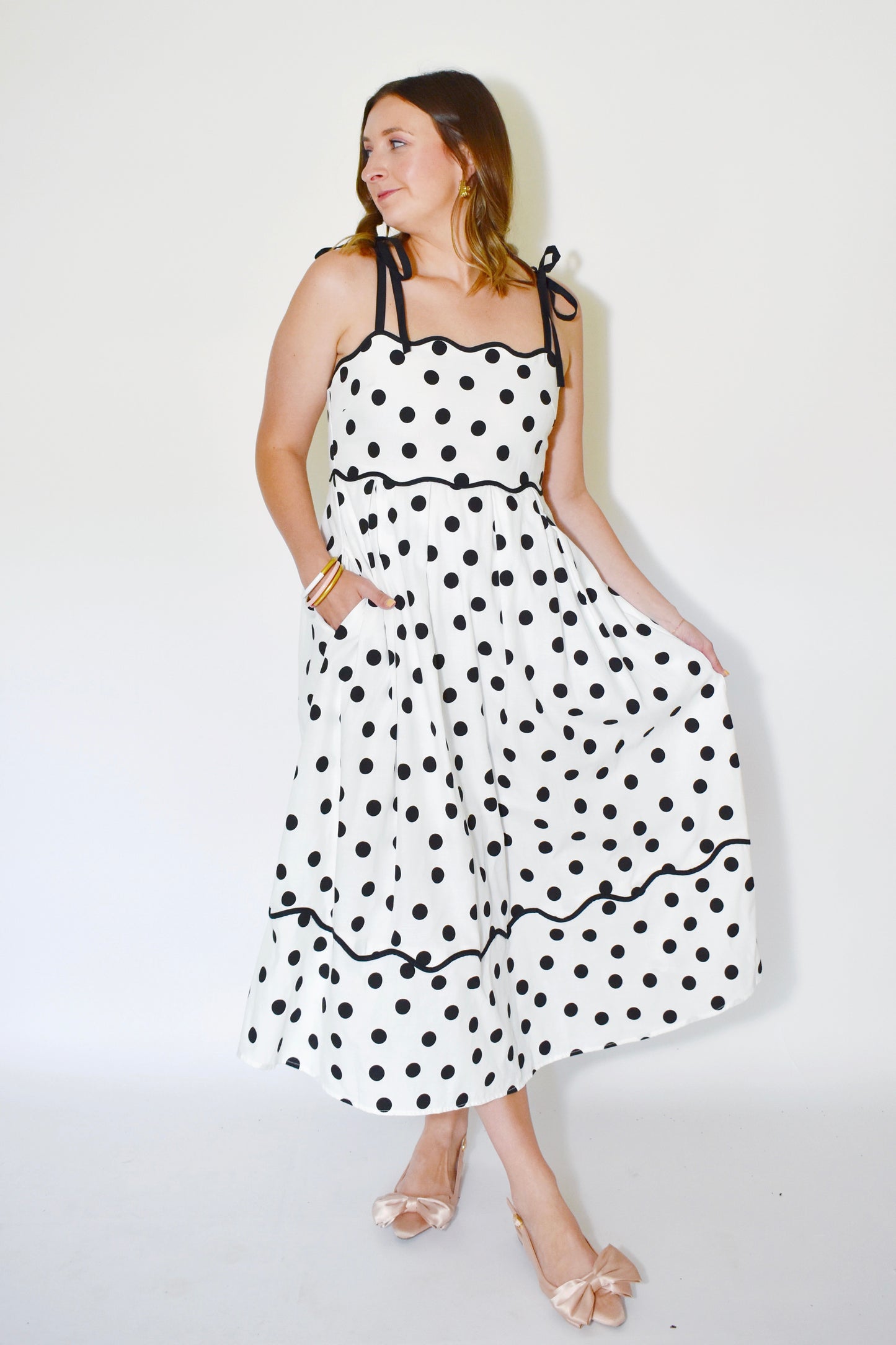 Cream & Black Polka Dot Scallop Tie Strap Midi Dress