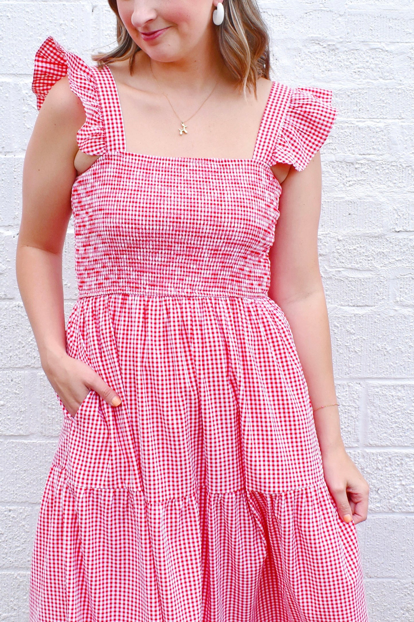 Red Gingham Smocked Ruffle Strap Maxi Dress