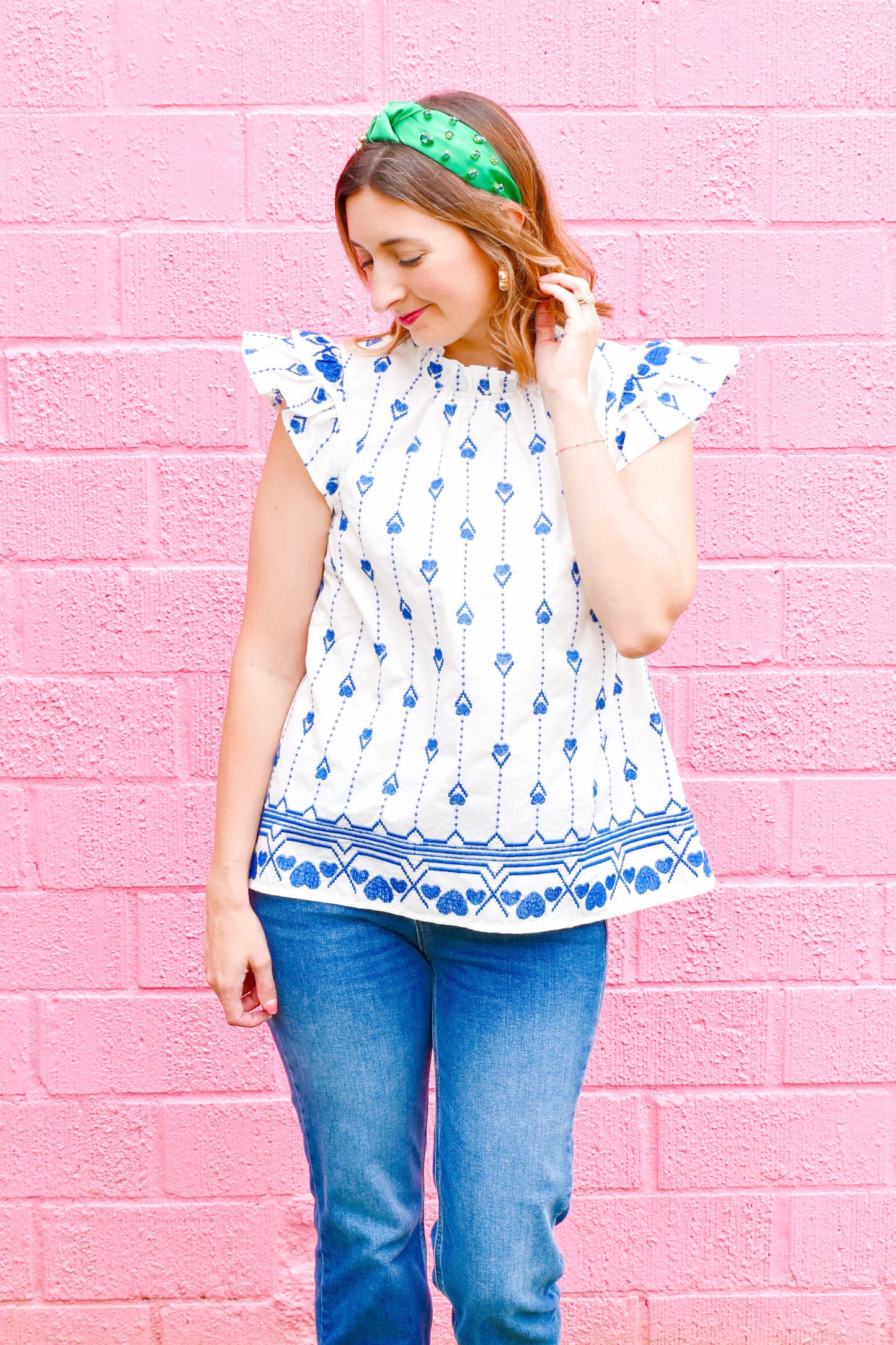 Blue & White Embroidery Ruffle Sleeve Blouse