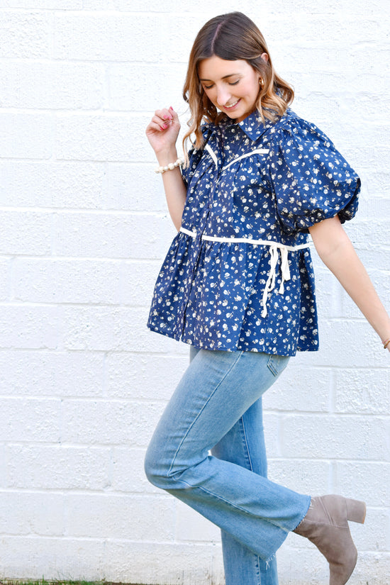 Navy Ditsy Floral Bubble Sleeve Blouse