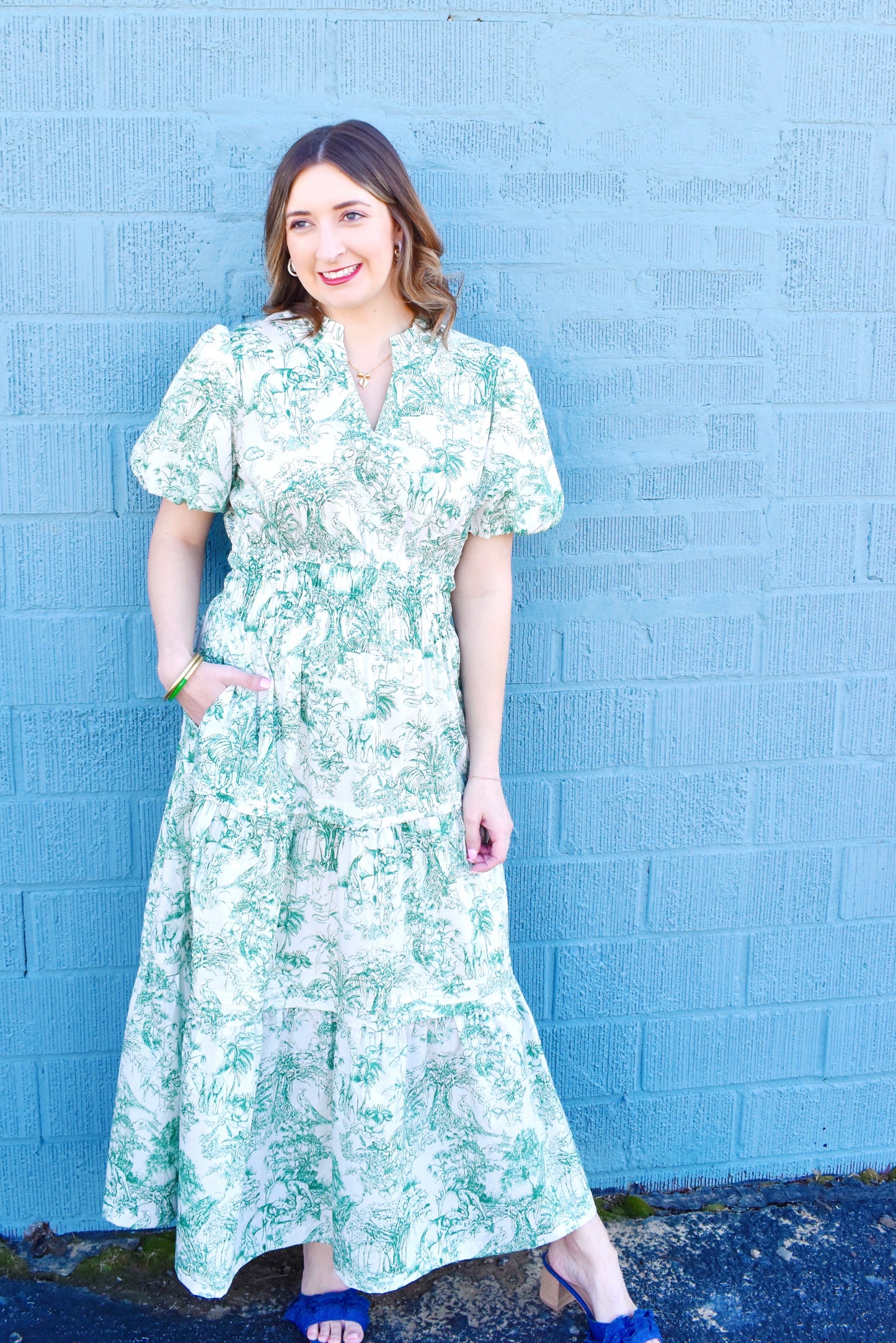 Green Toile Puff Sleeve Maxi Dress