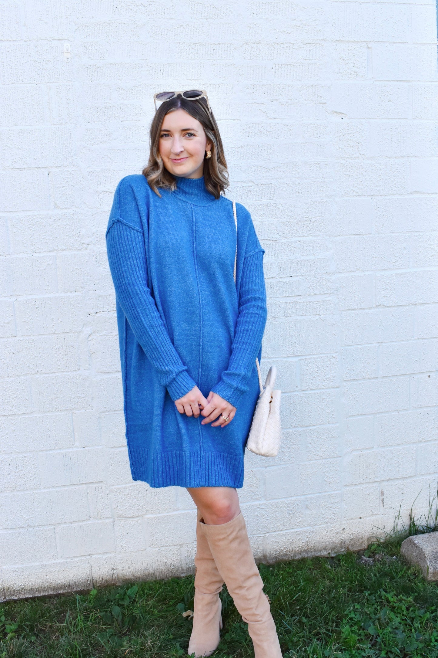 Blue Knit Turtleneck Sweater Dress