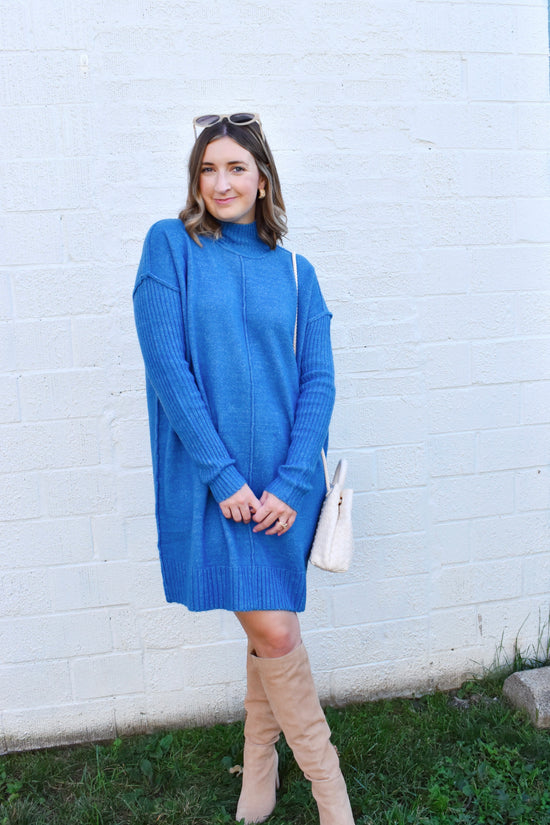 Blue Knit Turtleneck Sweater Dress