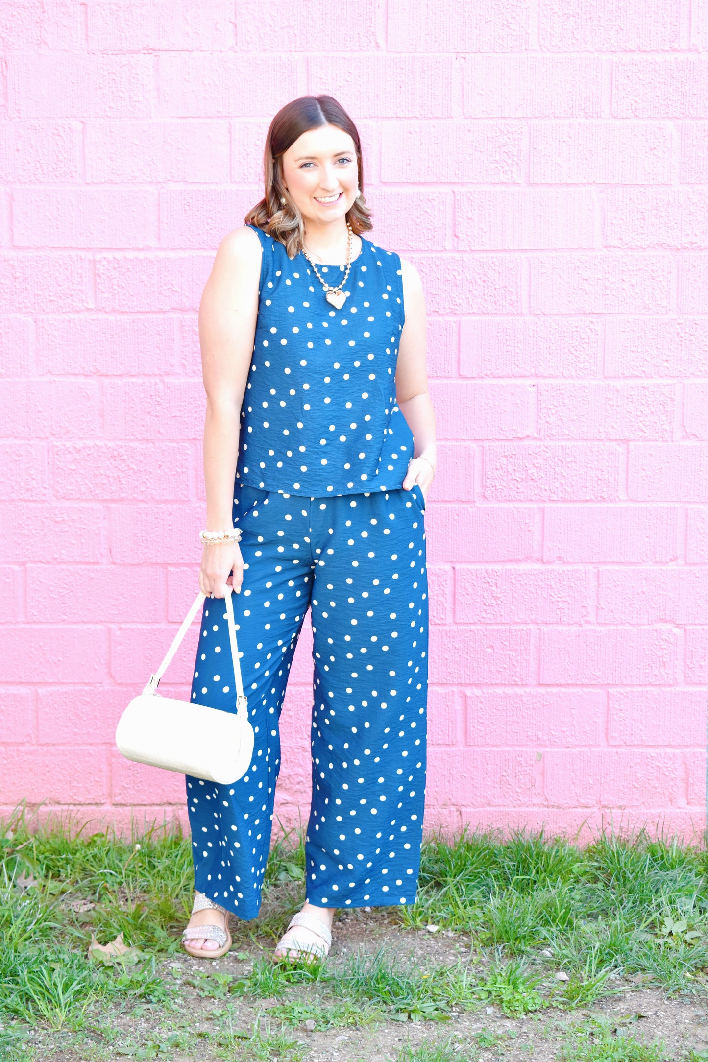 Blue Polka Dot Elastic Waist Pants