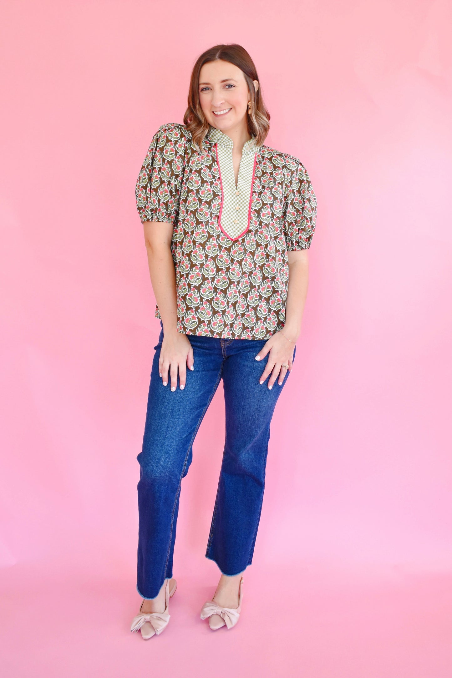 Brown & Pink Floral Green Gingham Contrast Blouse