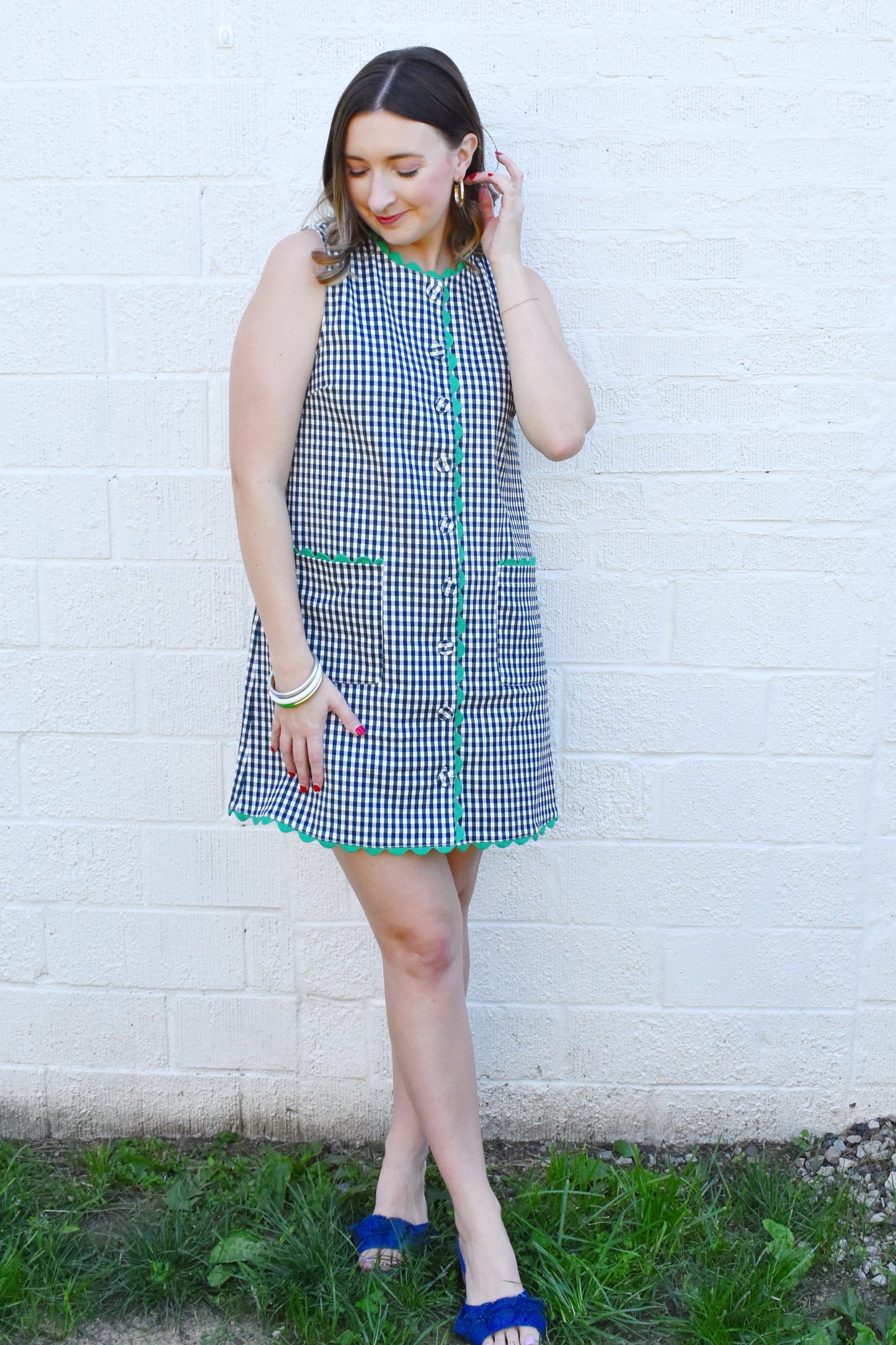 Navy Gingham Green Scallop Detail Shift Dress