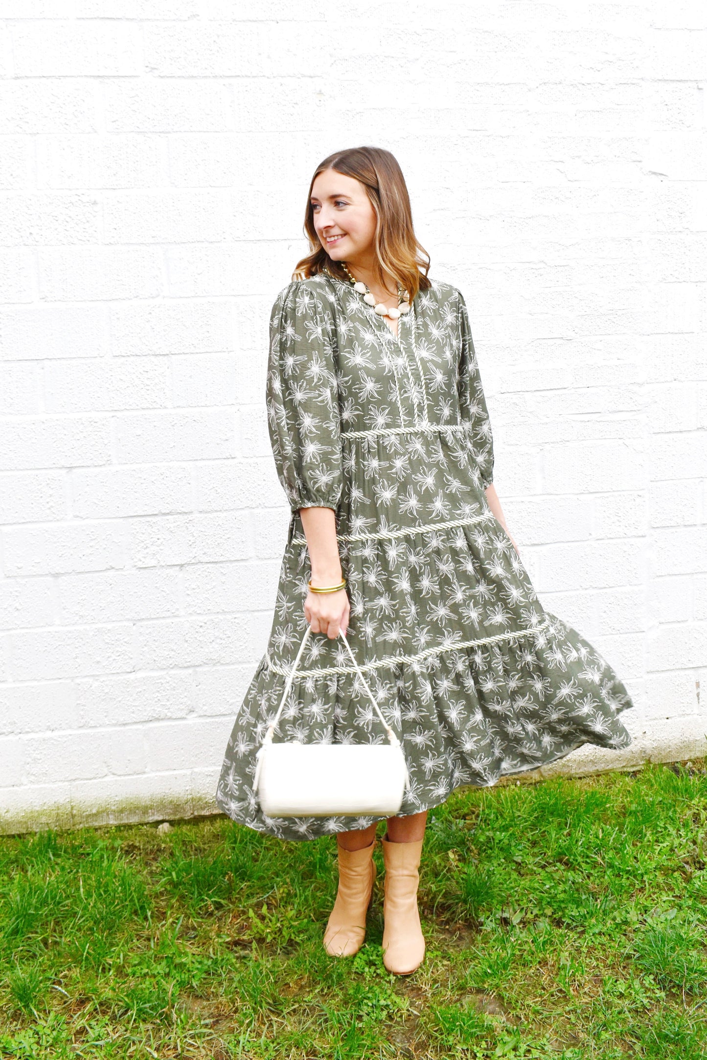 Olive Floral Striped Contrast Midi Dress