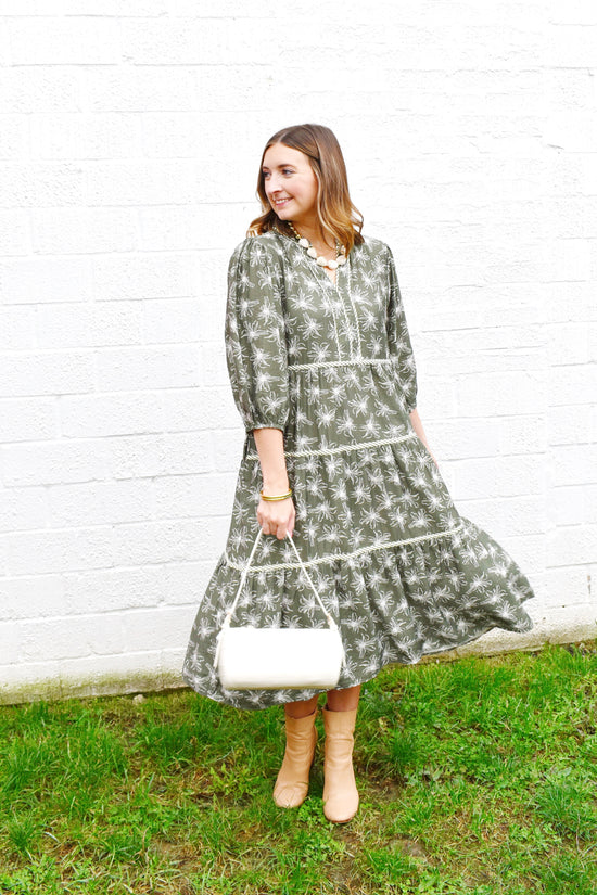 Olive Floral Striped Contrast Midi Dress