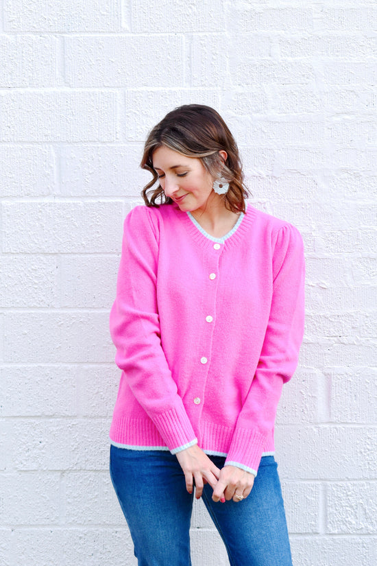 Pink Aqua Trim Button Down Sweater