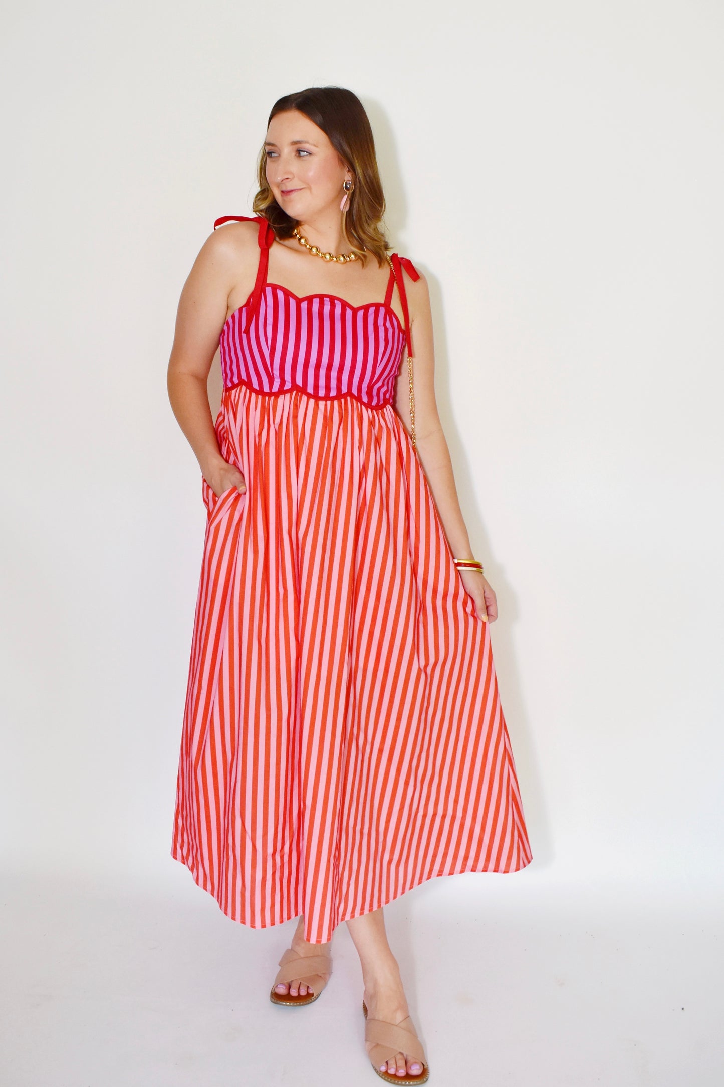 Red & Pink Striped Scallop Tie Strap Midi Dress