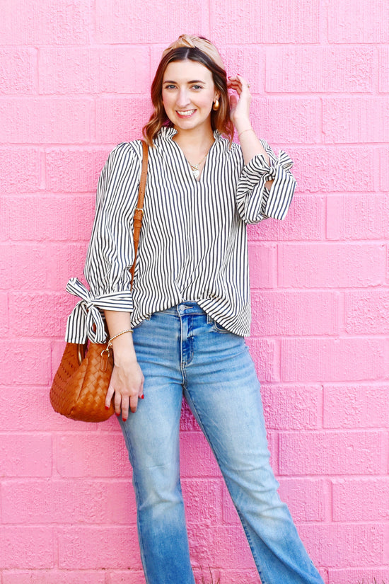 Dark Navy Striped Tie Sleeve Top