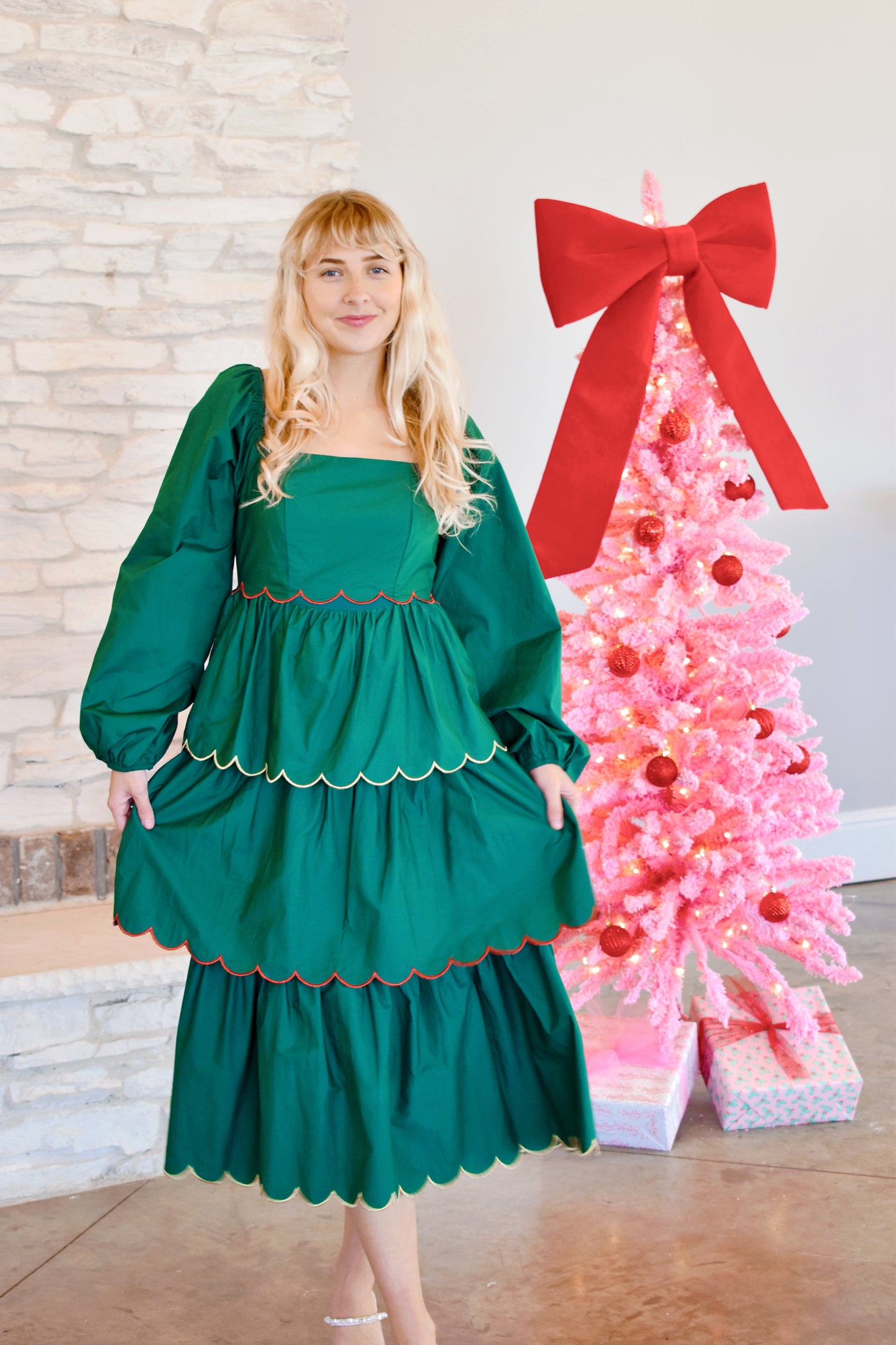 Green Tiered Scallop Trim Midi Dress