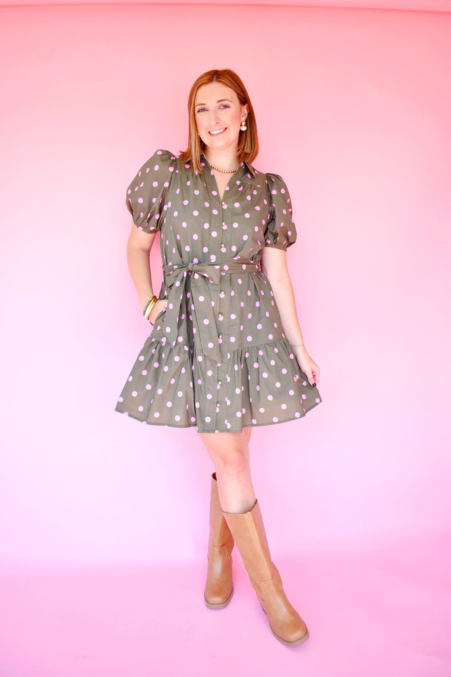 Olive Pink Polka Dot Belted Dress