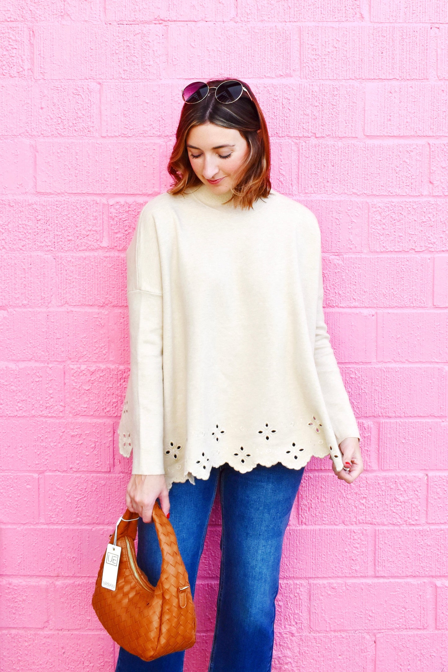 Oatmeal Eyelet Trim Poncho Sweater