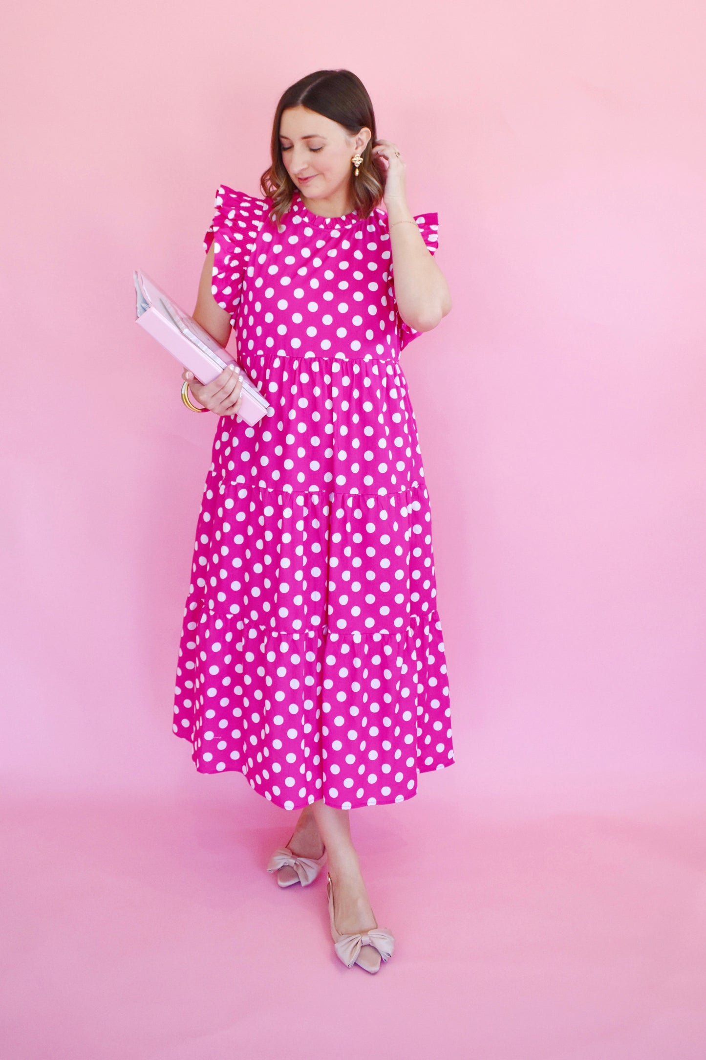 Hot Pink Polka Dot Ruffle Sleeve Midi Dress