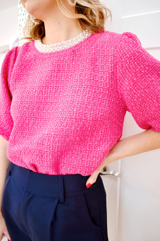 Jackie O Pink Pearl Neckline Blouse