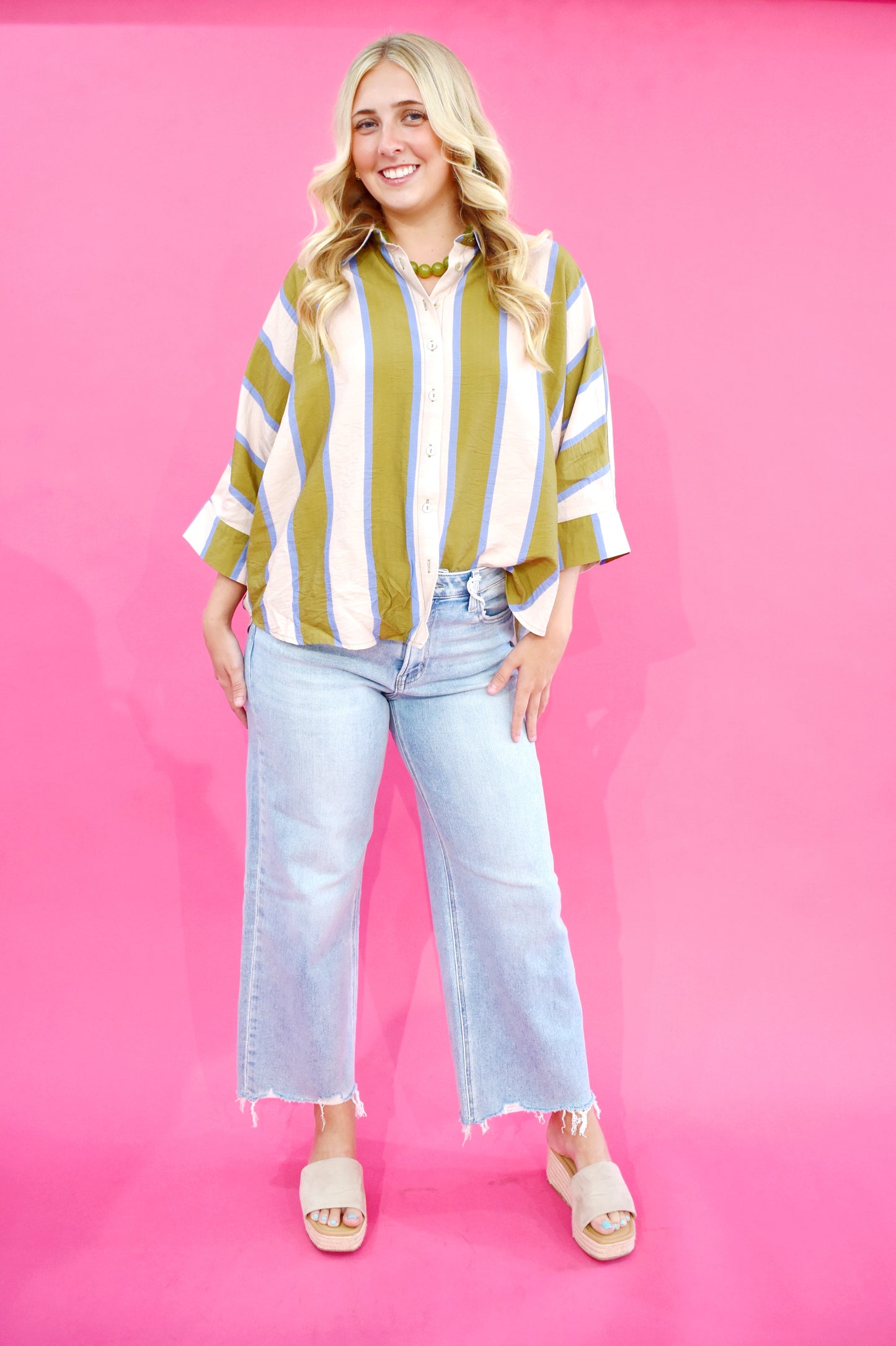 Olive Blue Striped Button Down Blouse