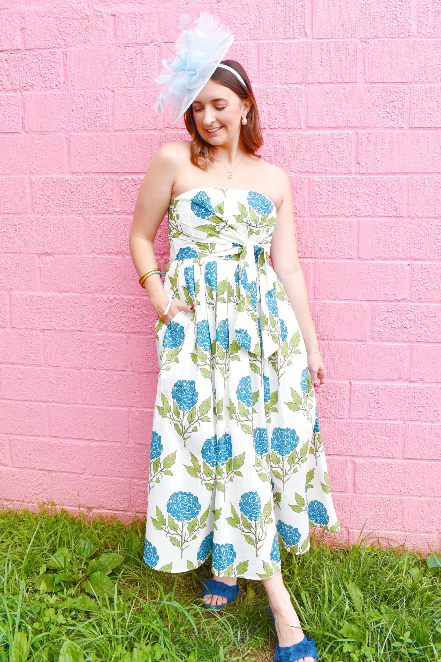 Blue Hydrangea Strapless Waist Sash Midi Dress