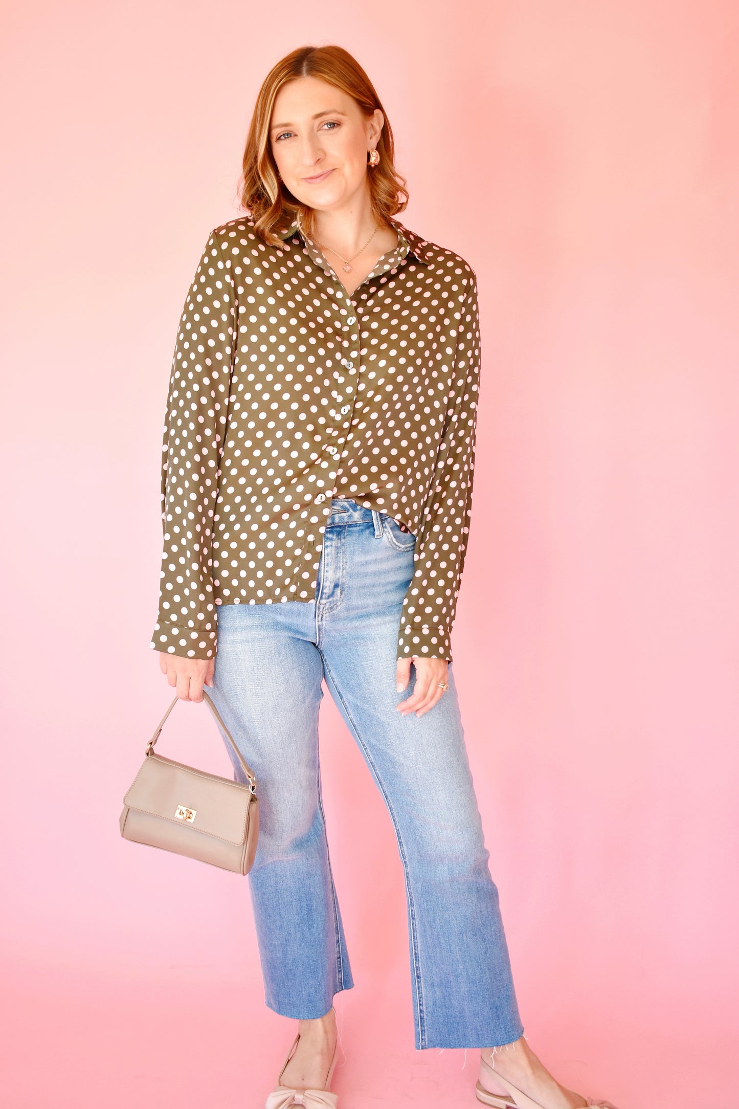 Olive Pink Polka Dot Button Down Blouse