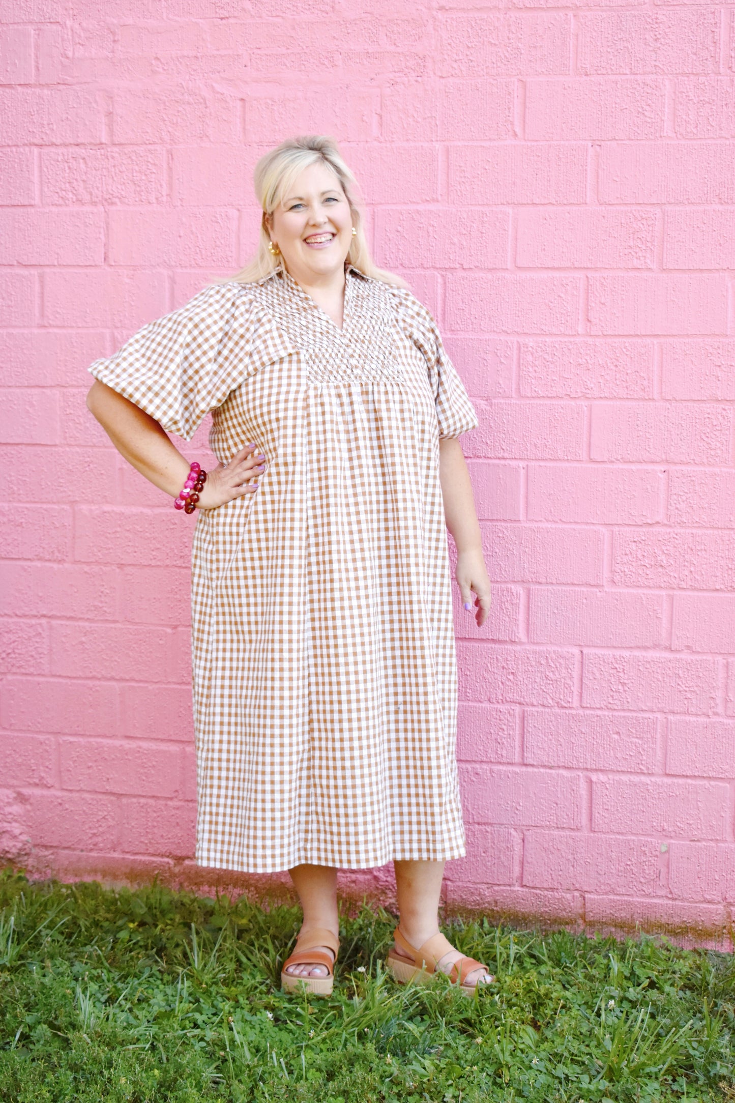 Plus Brown Gingham Smocked Front Collared Midi Dress