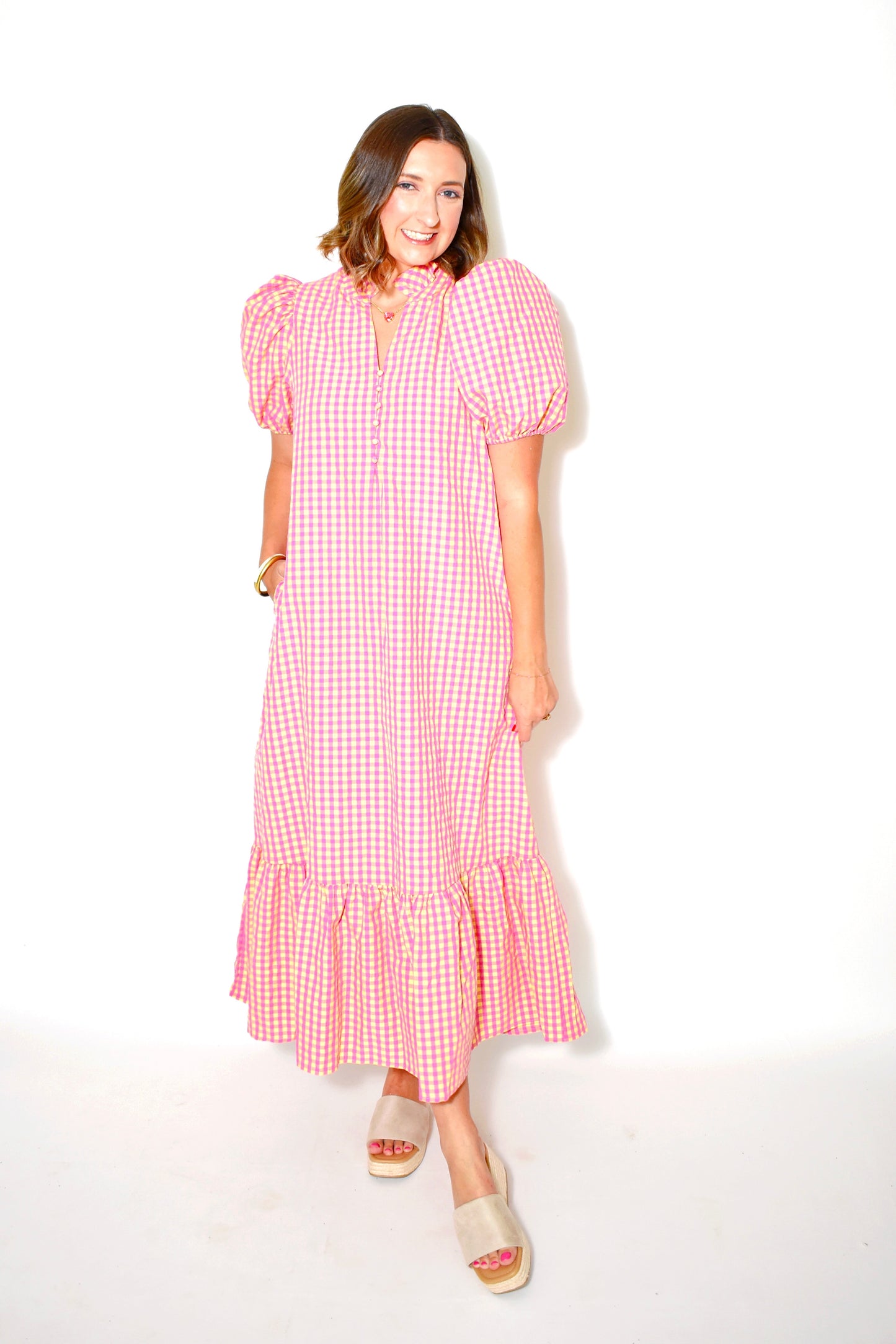 Strawberry Lemonade Gingham Midi Dress