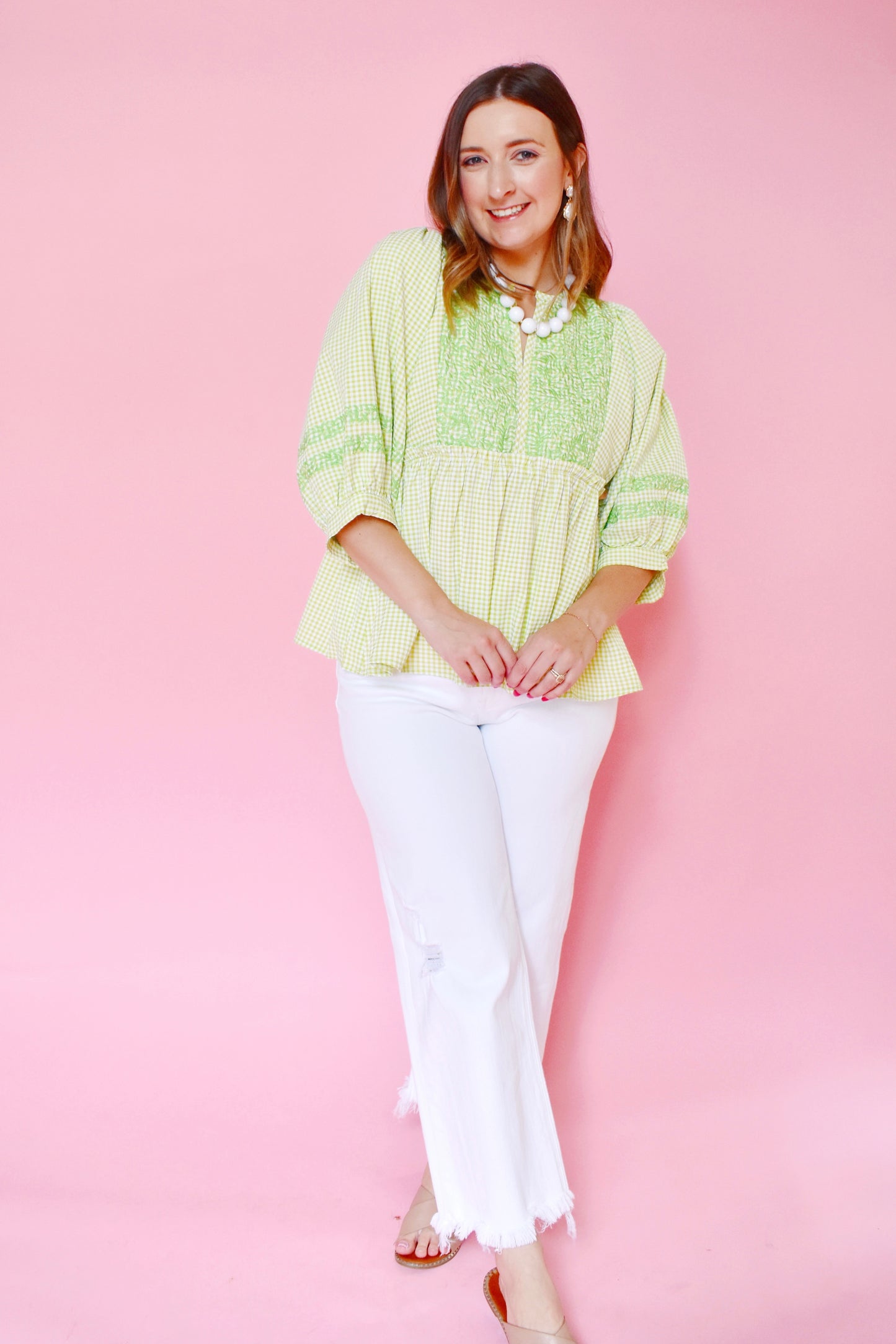 Lime Gingham Embroidered Babydoll Top