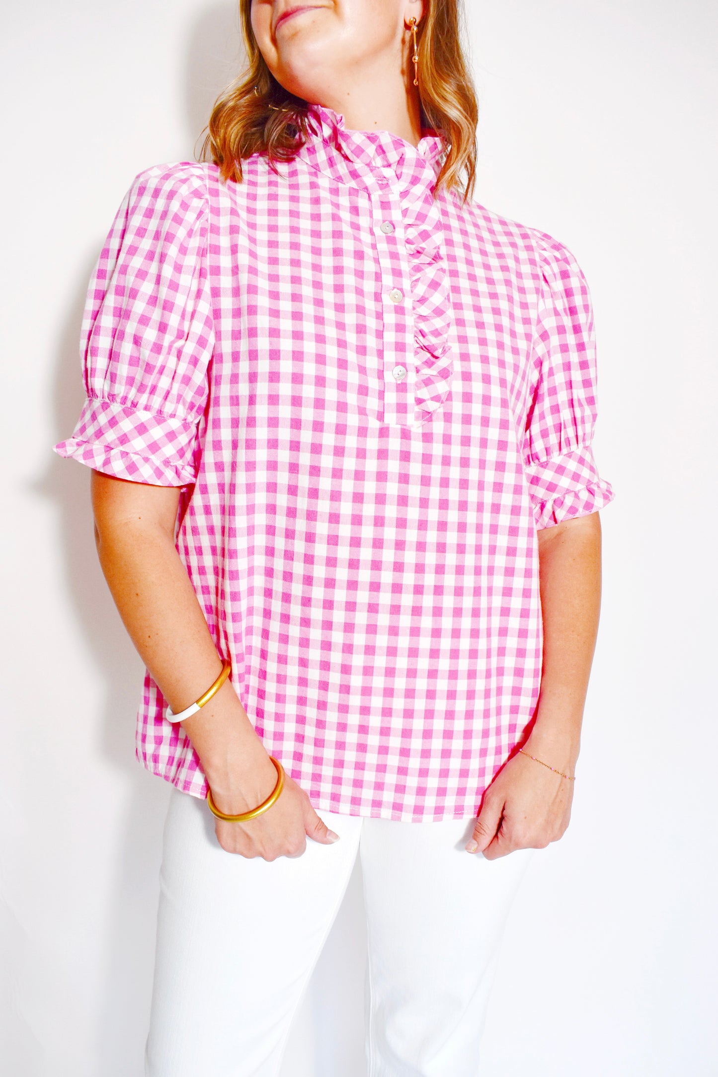 Peony Pink Gingham Ruffle Blouse